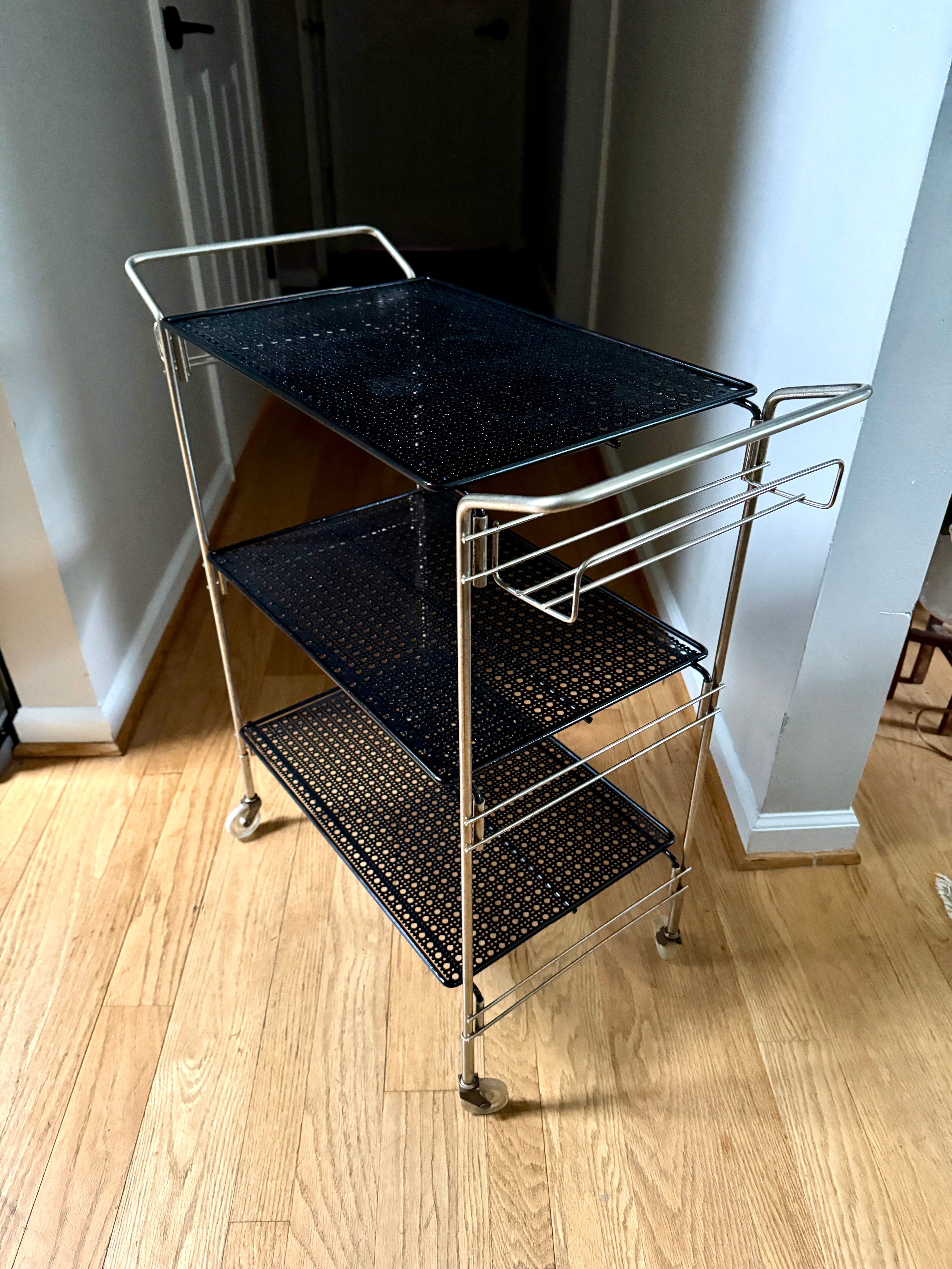 MCM Perforated Metal Bar Cart ~ Black Metal and Silver Framed Bar Cart ~ Mathieu Mategot Style