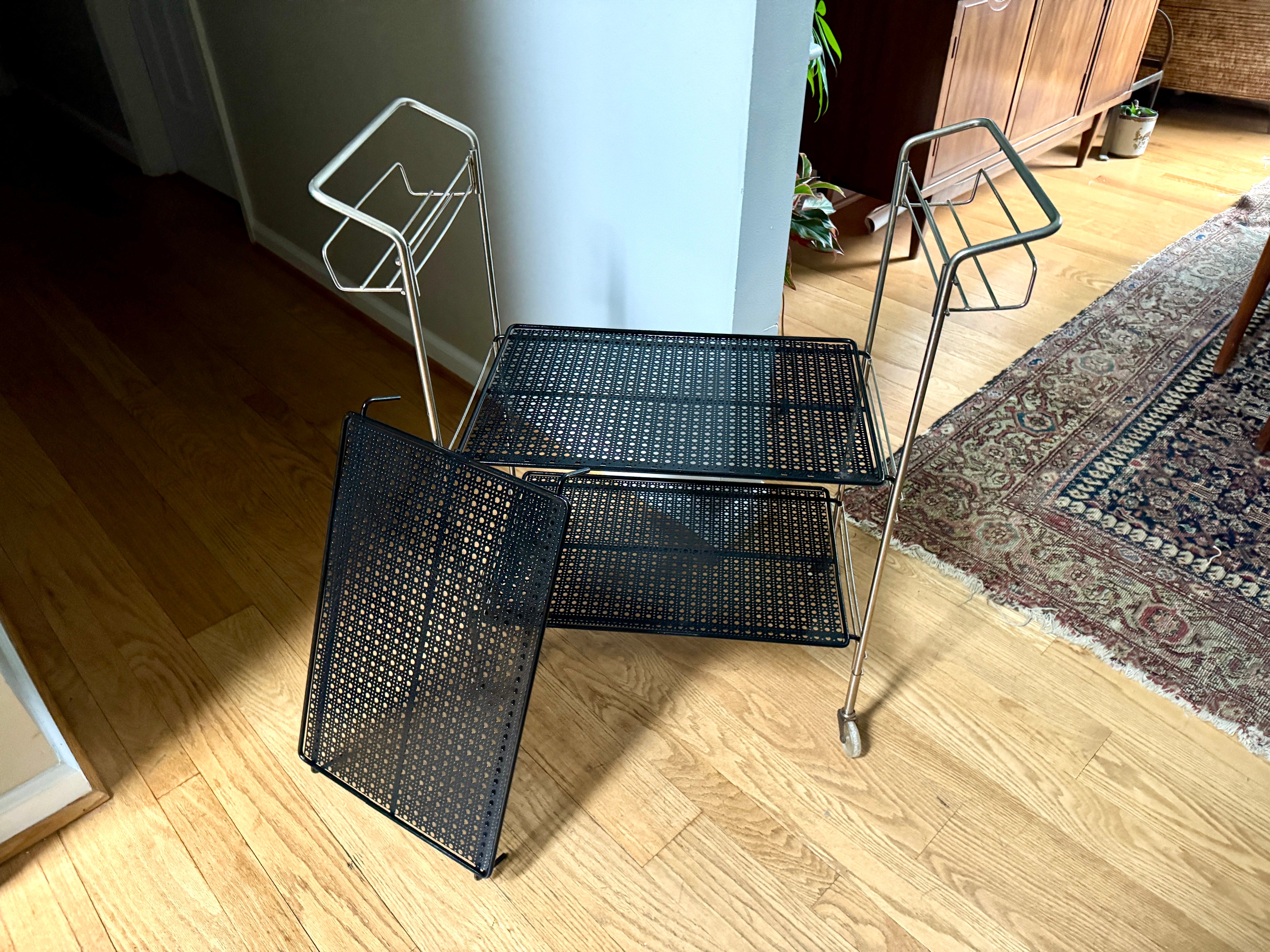 MCM Perforated Metal Bar Cart ~ Black Metal and Silver Framed Bar Cart ~ Mathieu Mategot Style