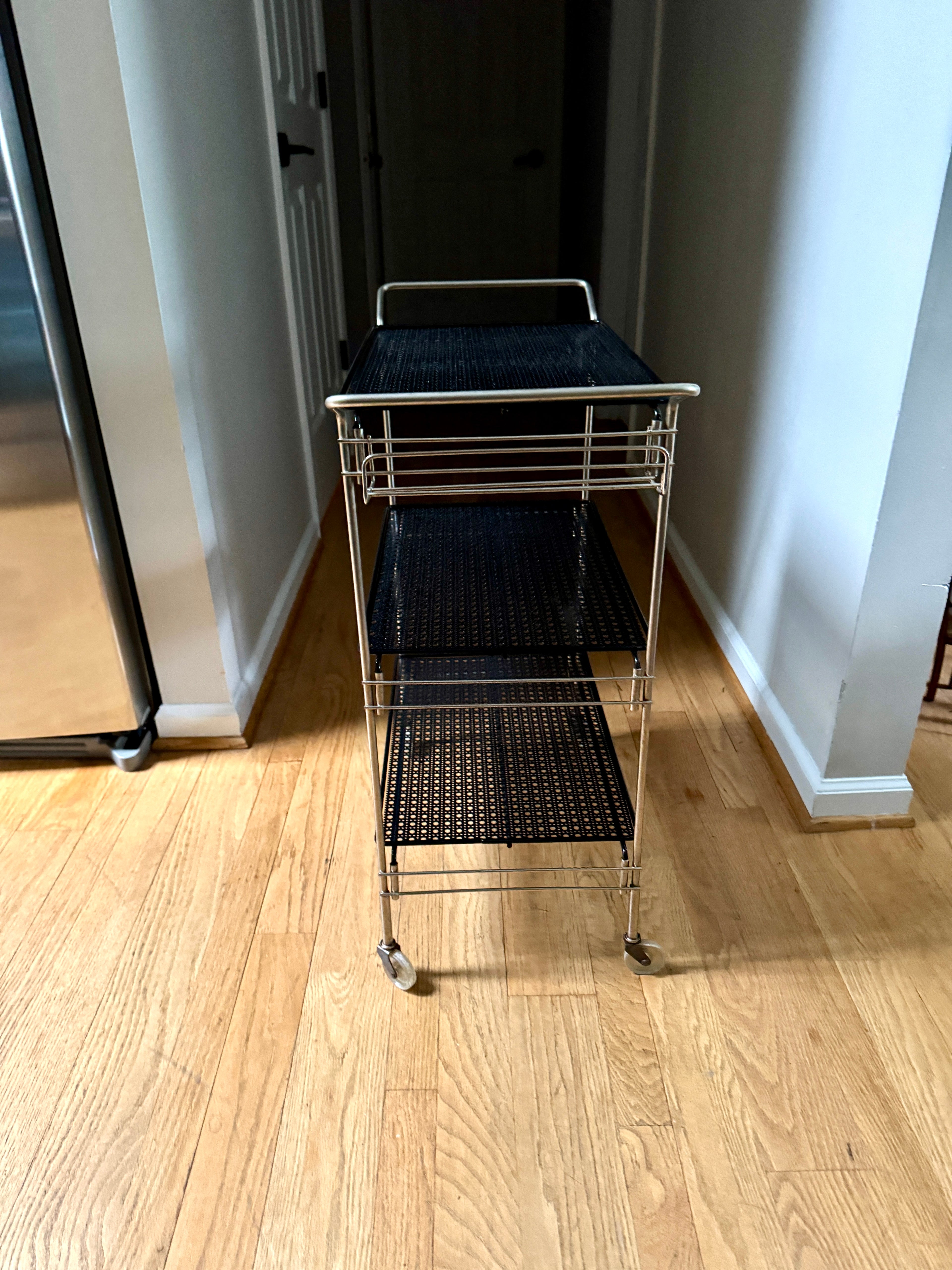 MCM Perforated Metal Bar Cart ~ Black Metal and Silver Framed Bar Cart ~ Mathieu Mategot Style