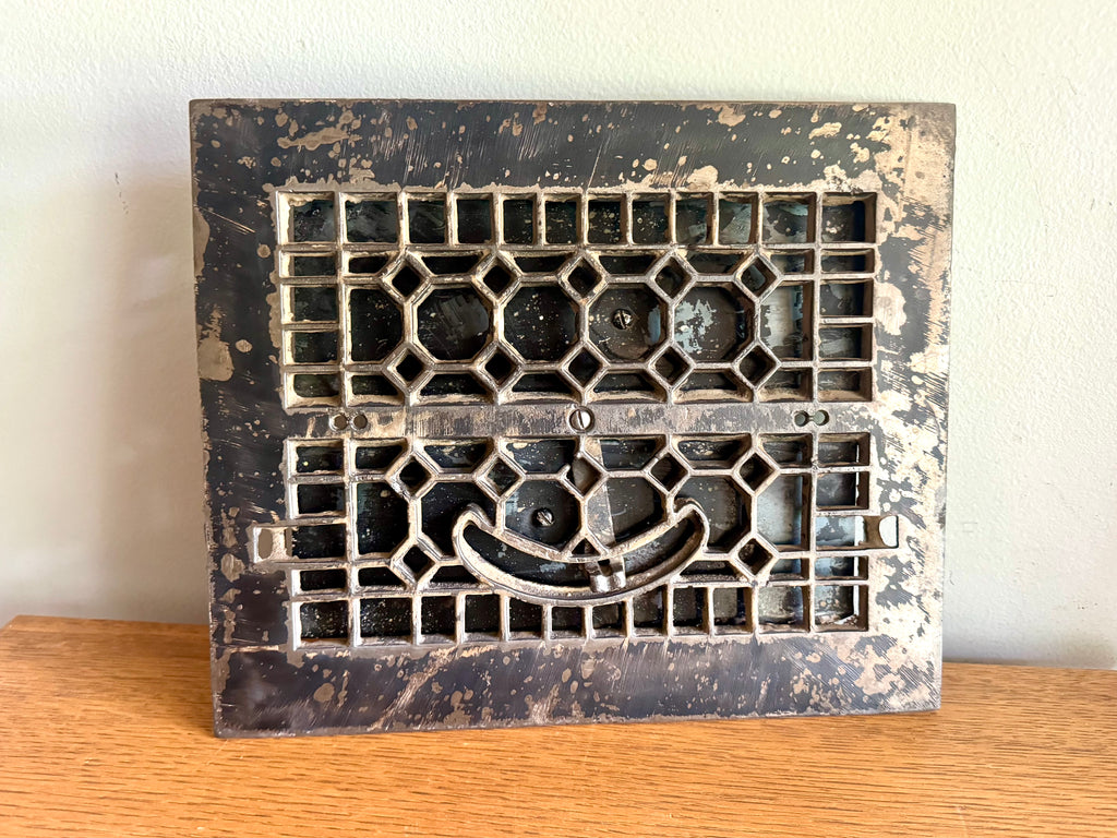 Antique Cast Iron Floor Register Cover | Distressed Lattice Syle Cast Iron Floor Vent Cover | Salvaged Decorative Grate Vent Cover