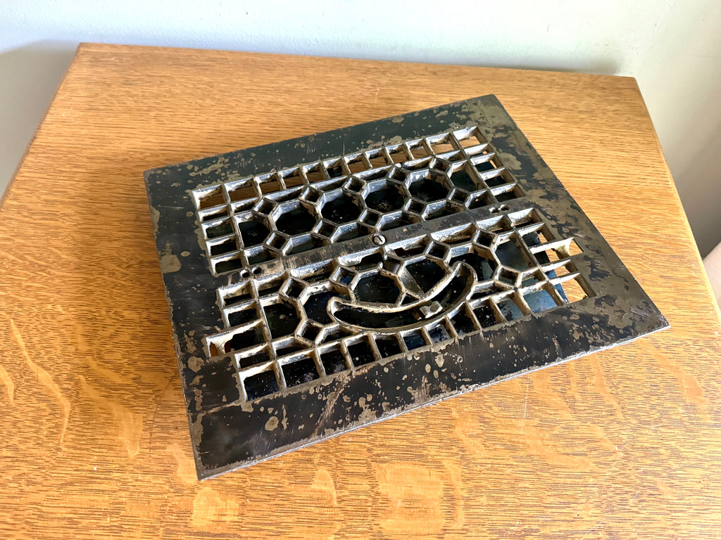 Antique Cast Iron Floor Register Cover | Distressed Lattice Syle Cast Iron Floor Vent Cover | Salvaged Decorative Grate Vent Cover