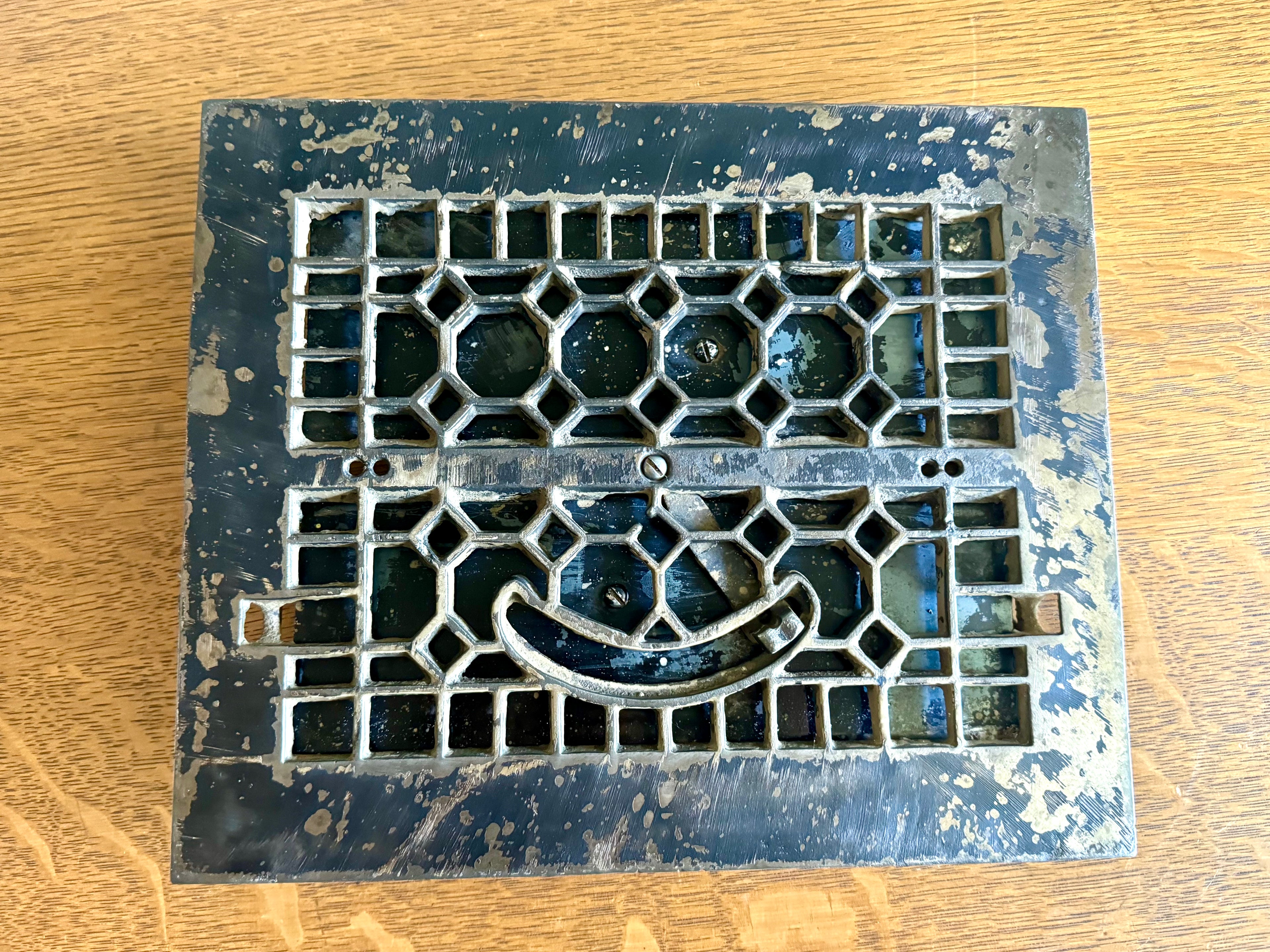 Antique Cast Iron Floor Register Cover | Distressed Lattice Syle Cast Iron Floor Vent Cover | Salvaged Decorative Grate Vent Cover