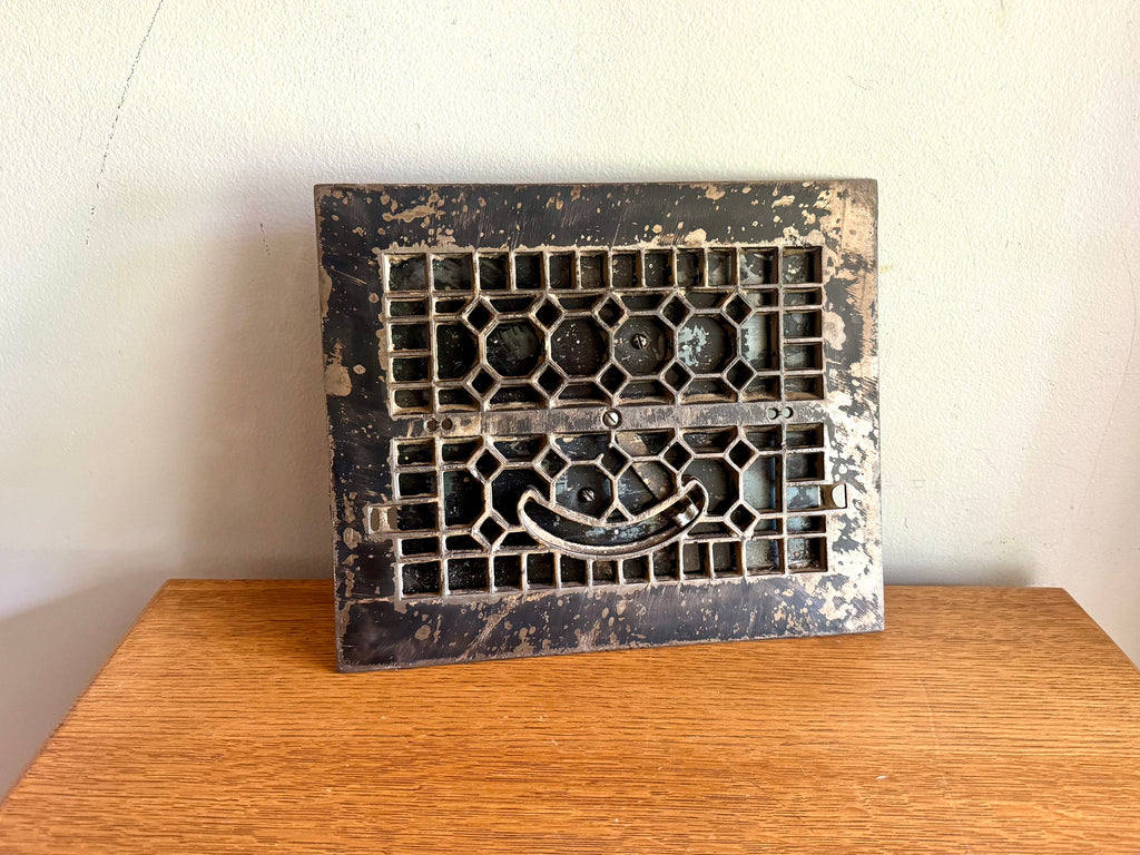 Antique Cast Iron Floor Register Cover | Distressed Lattice Syle Cast Iron Floor Vent Cover | Salvaged Decorative Grate Vent Cover