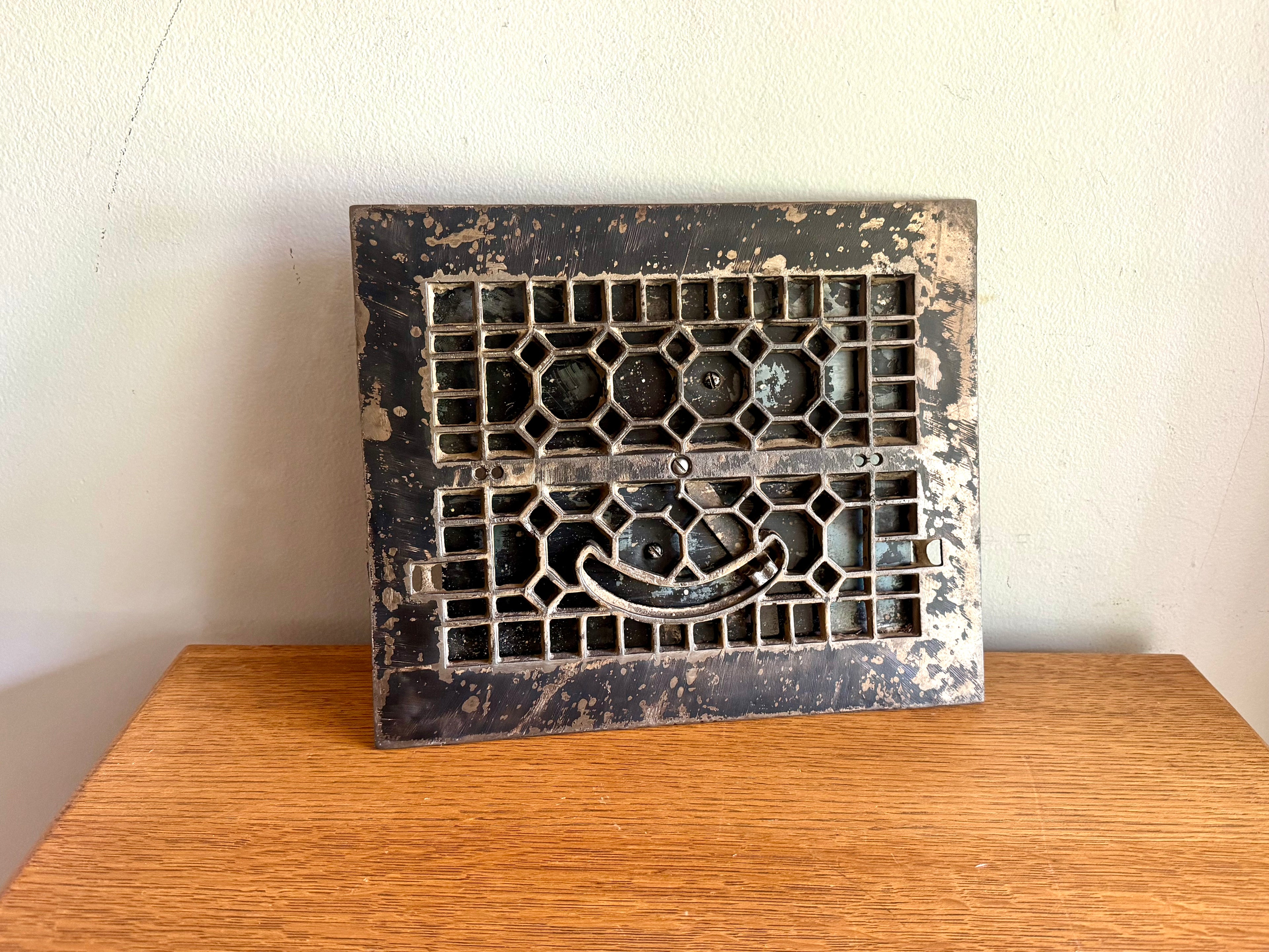 Antique Cast Iron Floor Register Cover | Distressed Lattice Syle Cast Iron Floor Vent Cover | Salvaged Decorative Grate Vent Cover