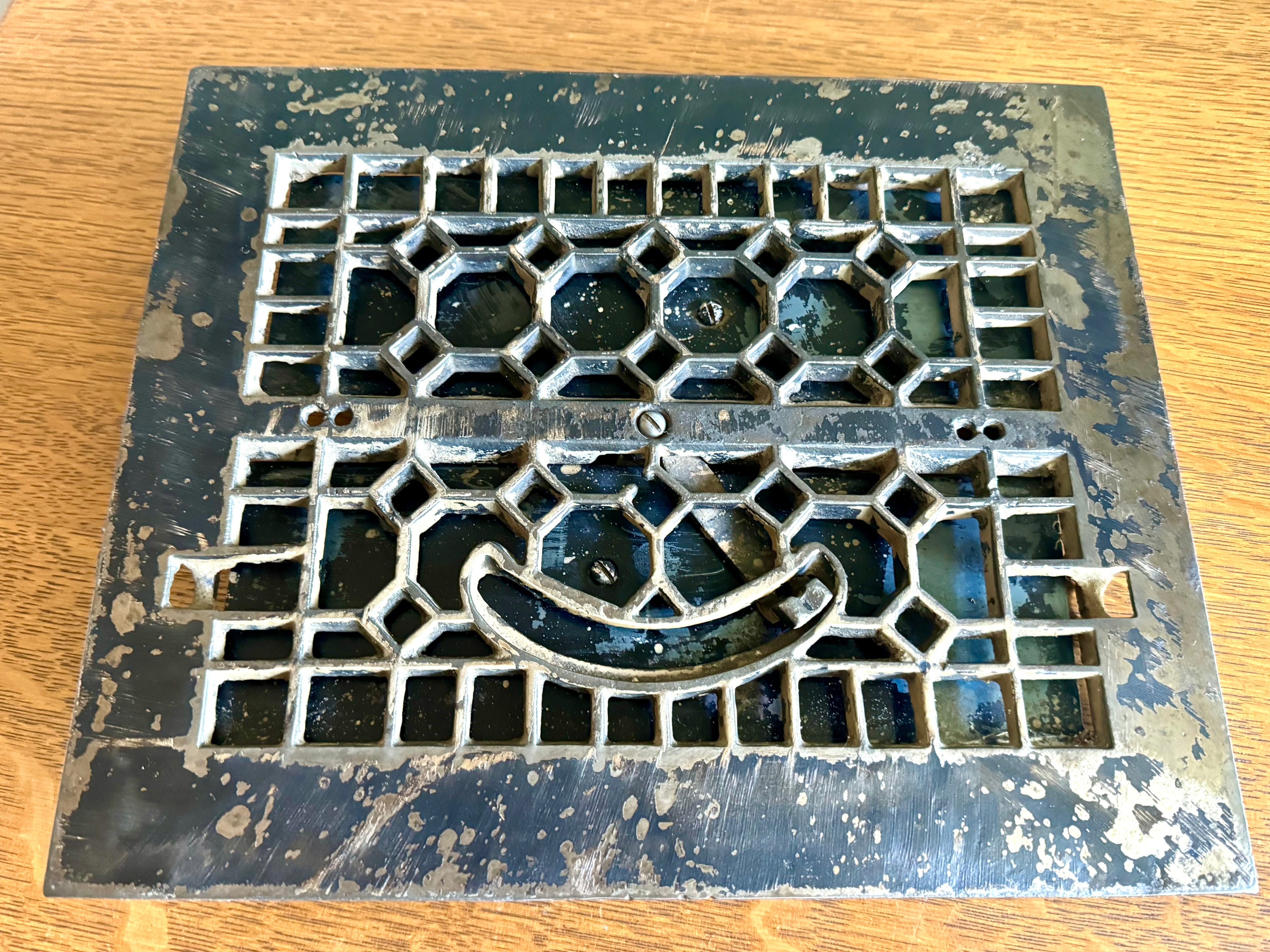 Antique Cast Iron Floor Register Cover | Distressed Lattice Syle Cast Iron Floor Vent Cover | Salvaged Decorative Grate Vent Cover