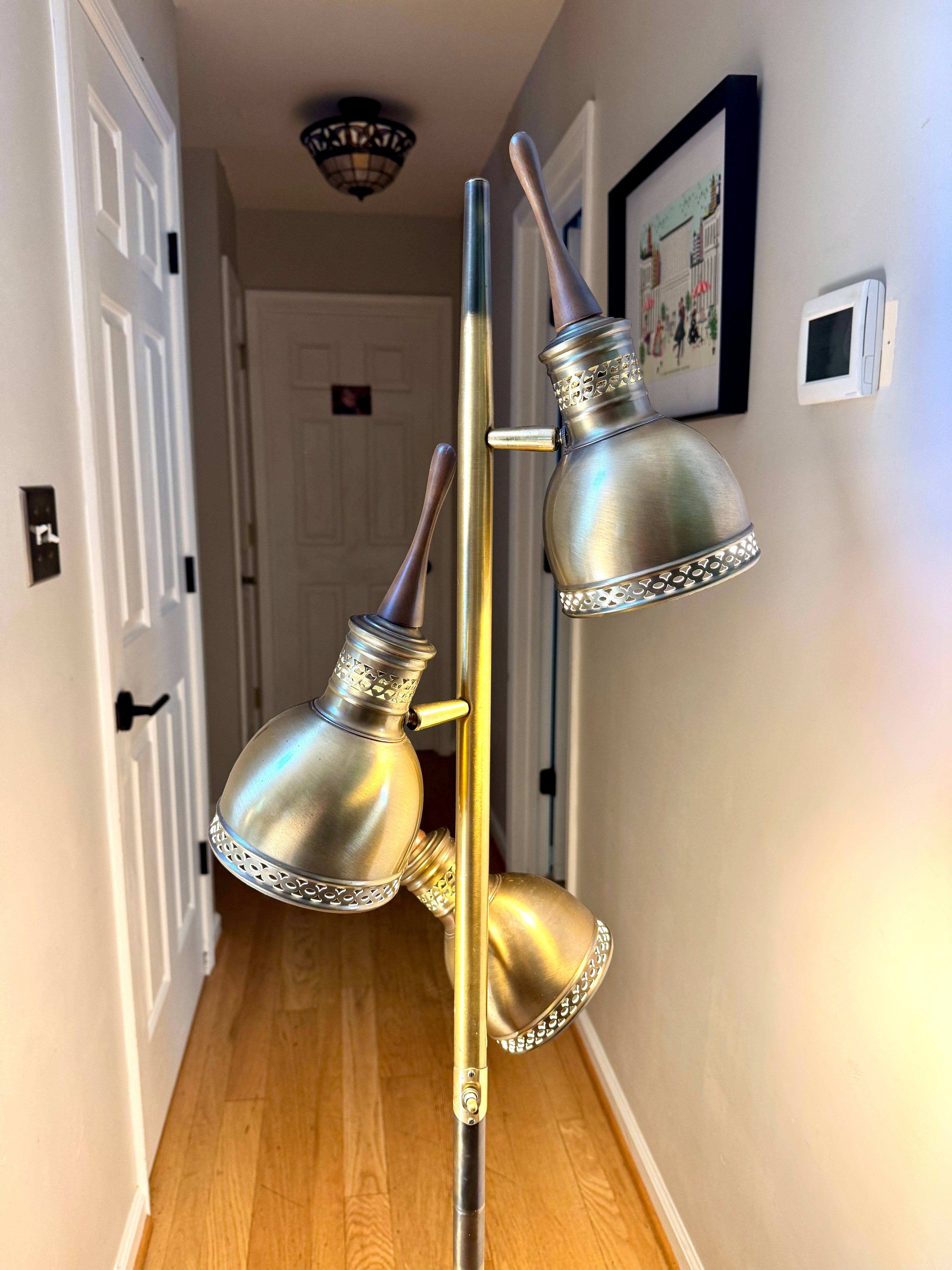 Vtg Pierced Brass Tone 3 Fixture MCM Floor Lamp ~ MCM Cone Floor Lamp