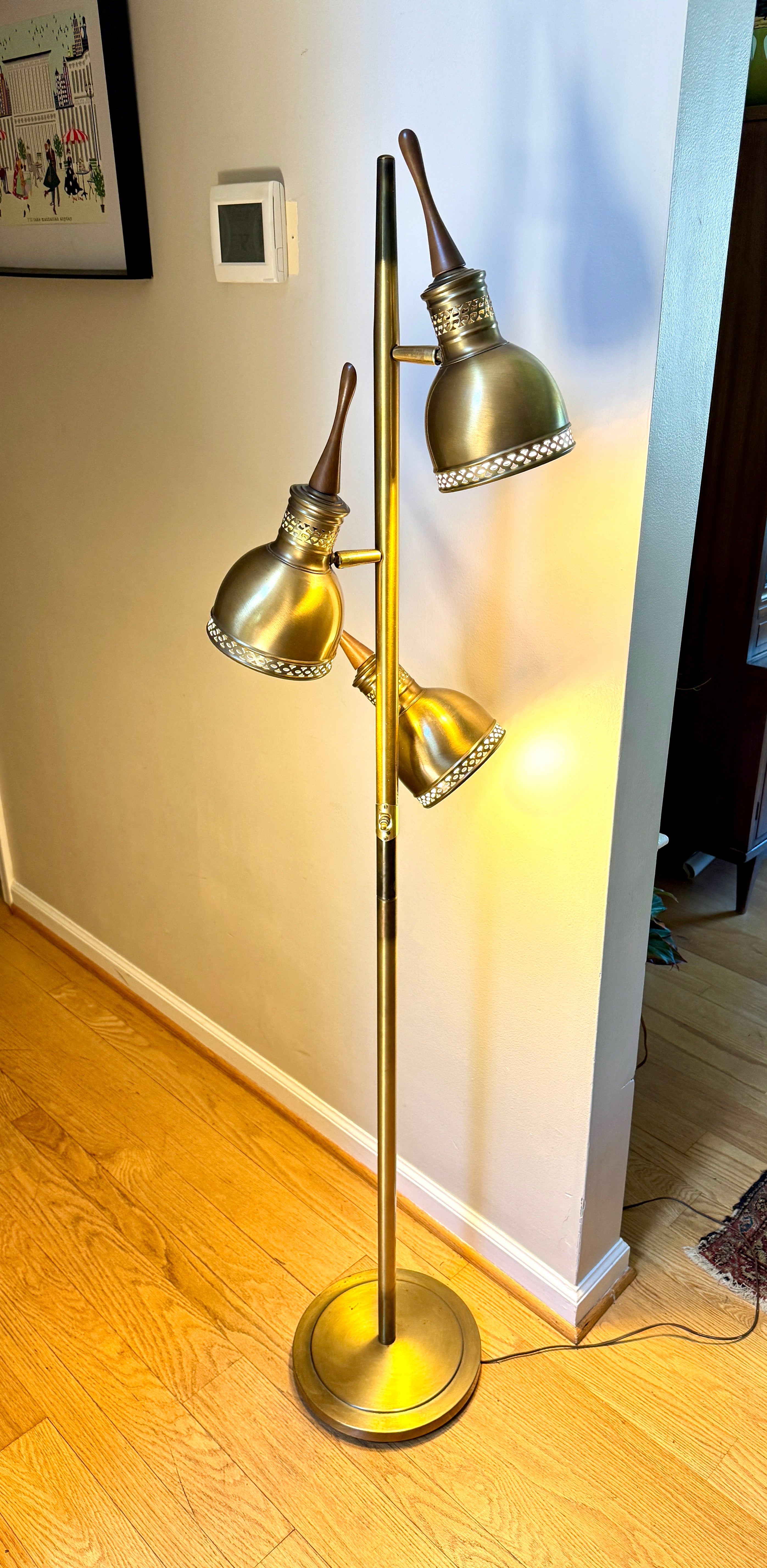 Vtg Pierced Brass Tone 3 Fixture MCM Floor Lamp ~ MCM Cone Floor Lamp