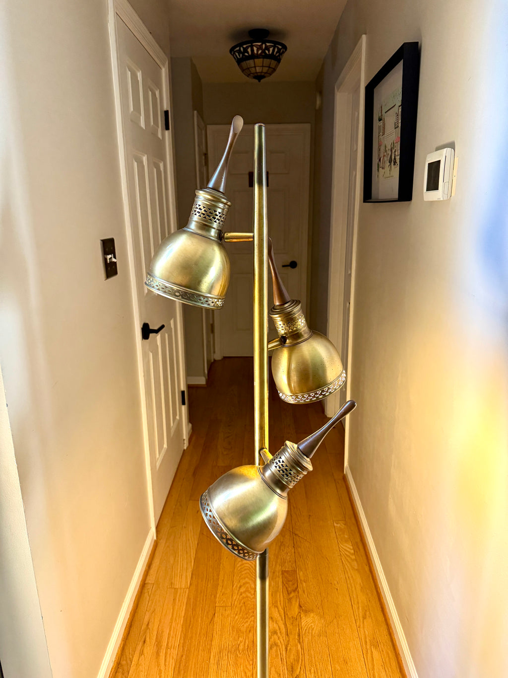 Vtg Pierced Brass Tone 3 Fixture MCM Floor Lamp ~ MCM Cone Floor Lamp