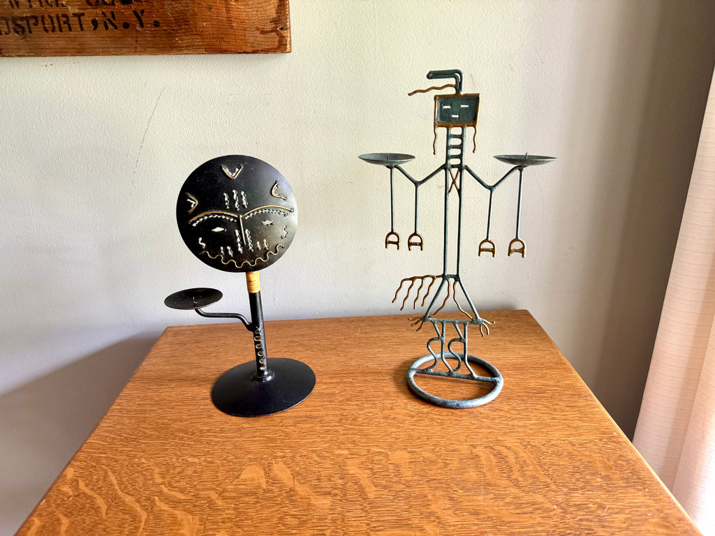 Vintage Metal Tribal Art Candle Holders | Ashanti Doll Metal Candle Holder | African Tribal Designed Metal Candlestick Holders