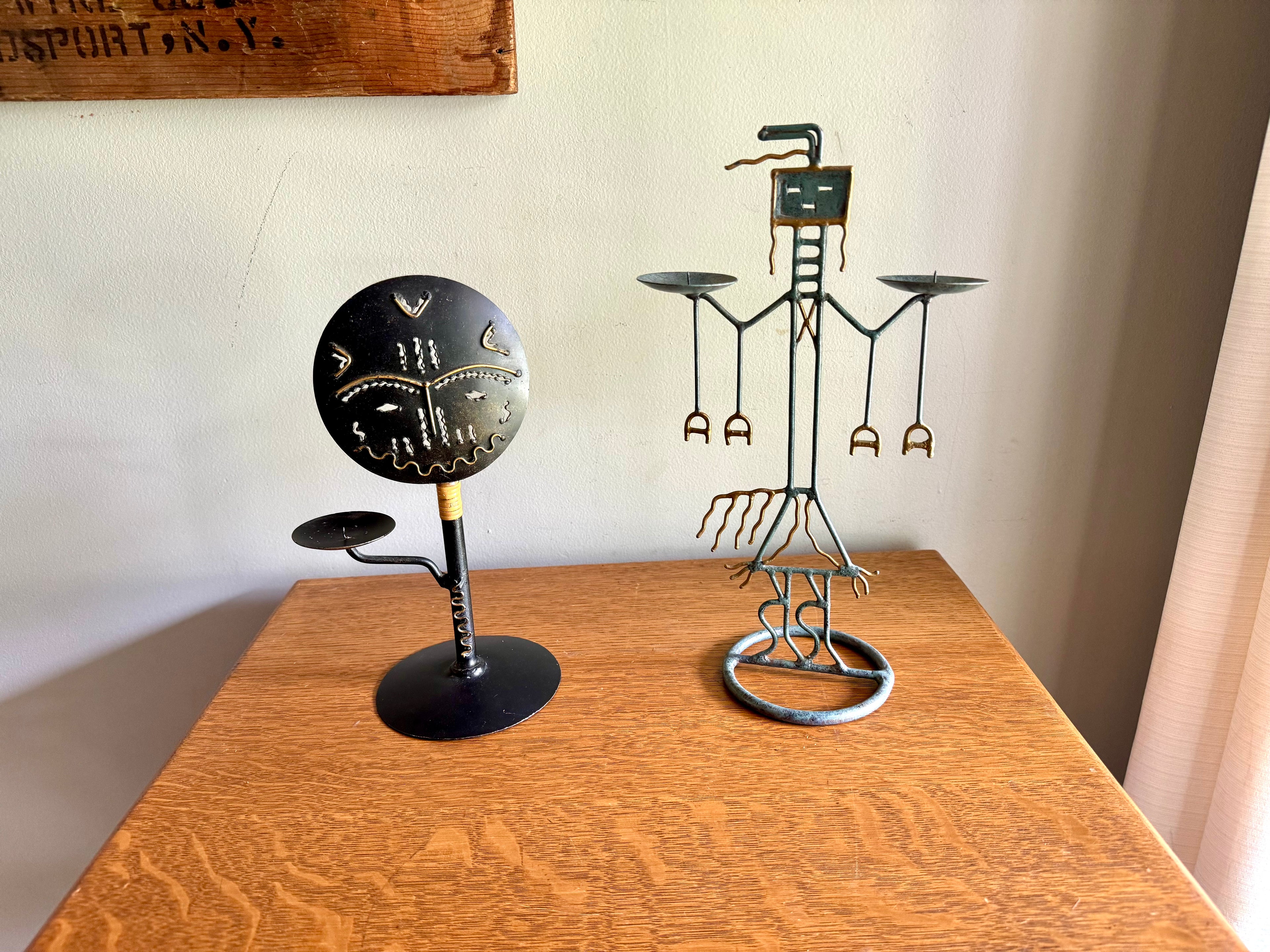 Vintage Metal Tribal Art Candle Holders | Ashanti Doll Metal Candle Holder | African Tribal Designed Metal Candlestick Holders