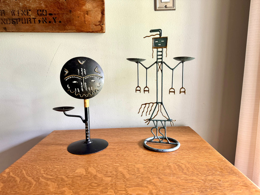 Vintage Metal Tribal Art Candle Holders | Ashanti Doll Metal Candle Holder | African Tribal Designed Metal Candlestick Holders