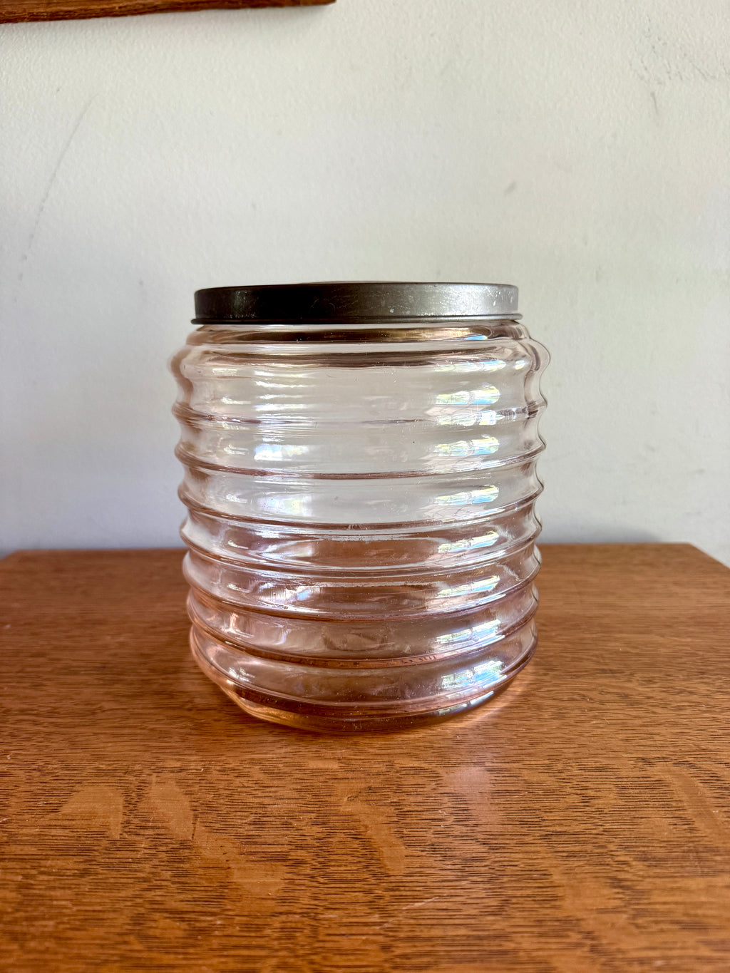 Vtg Sellers Hoosier Pink Glass Jar Ribbed/Beehive Design ~ 7.5" Tall x 7" Wide ~ Signed 20s-40's Jar