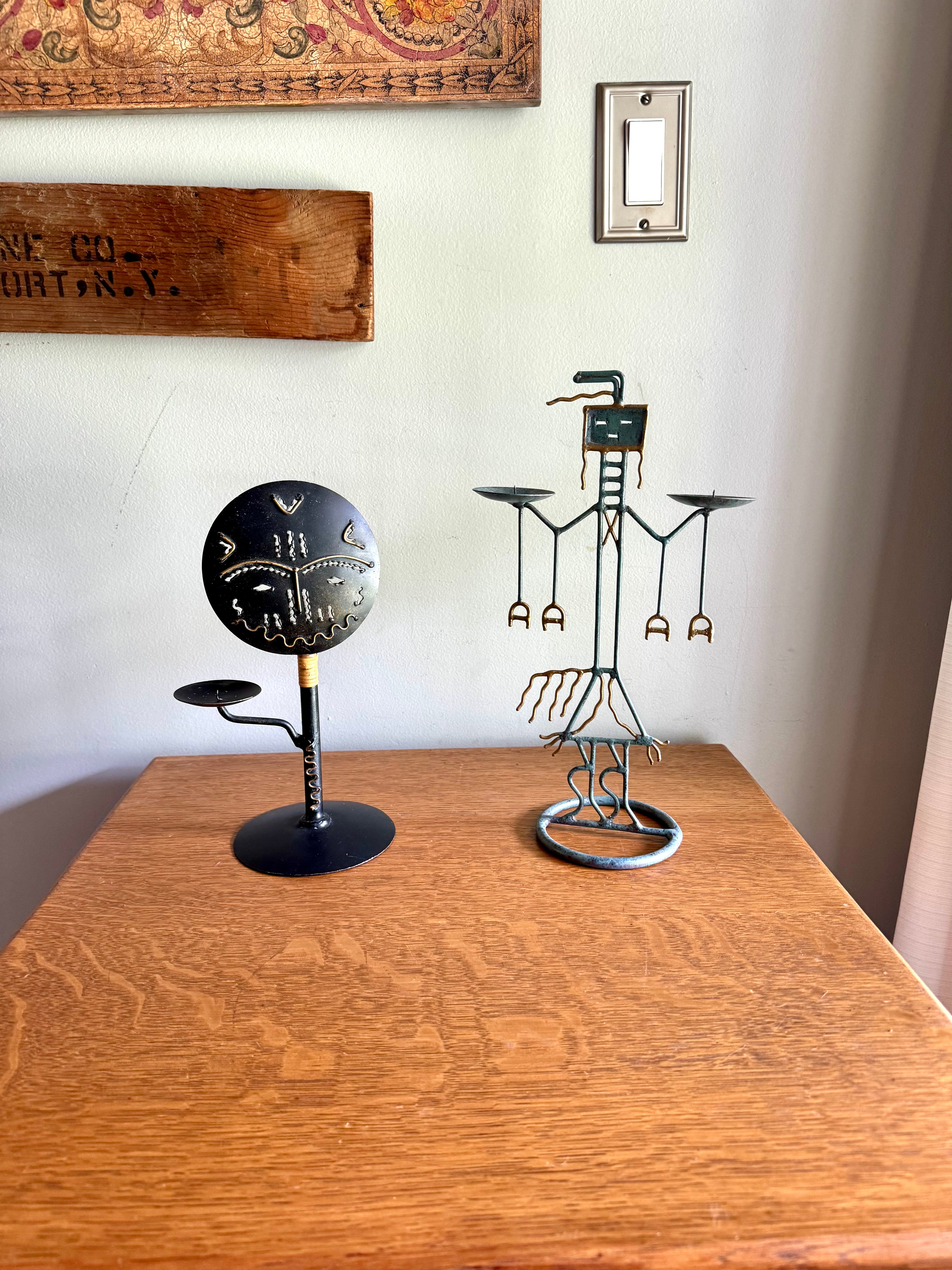 Vintage Metal Tribal Art Candle Holders | Ashanti Doll Metal Candle Holder | African Tribal Designed Metal Candlestick Holders