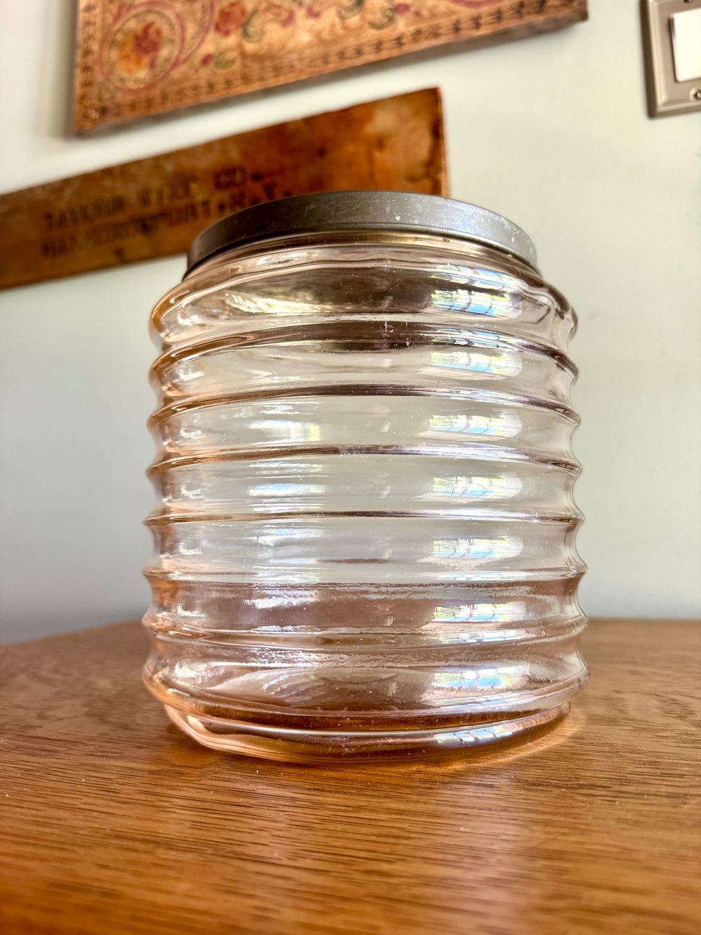 Vtg Sellers Hoosier Pink Glass Jar Ribbed/Beehive Design ~ 7.5" Tall x 7" Wide ~ Signed 20s-40's Jar