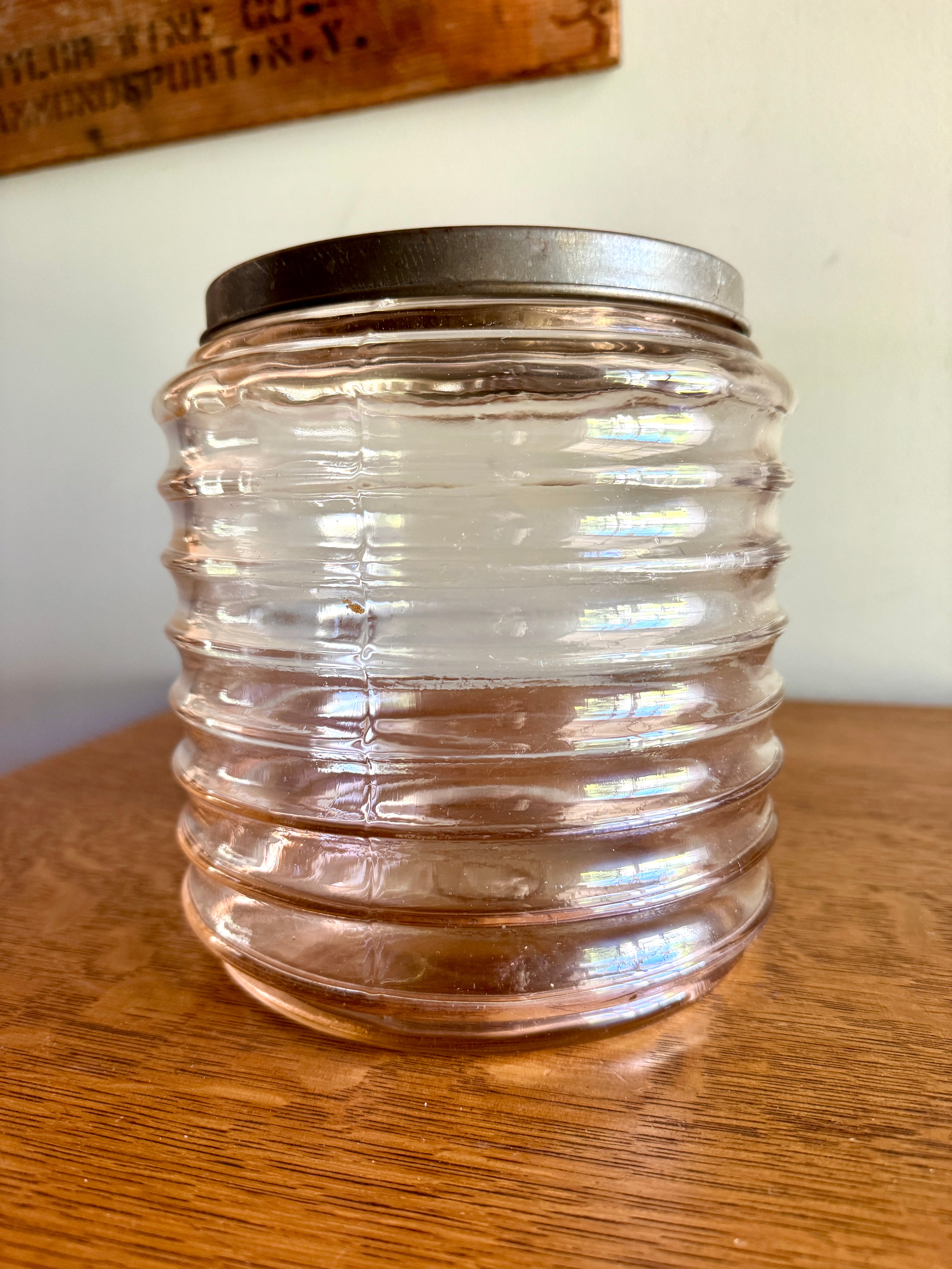 Vtg Sellers Hoosier Pink Glass Jar Ribbed/Beehive Design ~ 7.5" Tall x 7" Wide ~ Signed 20s-40's Jar