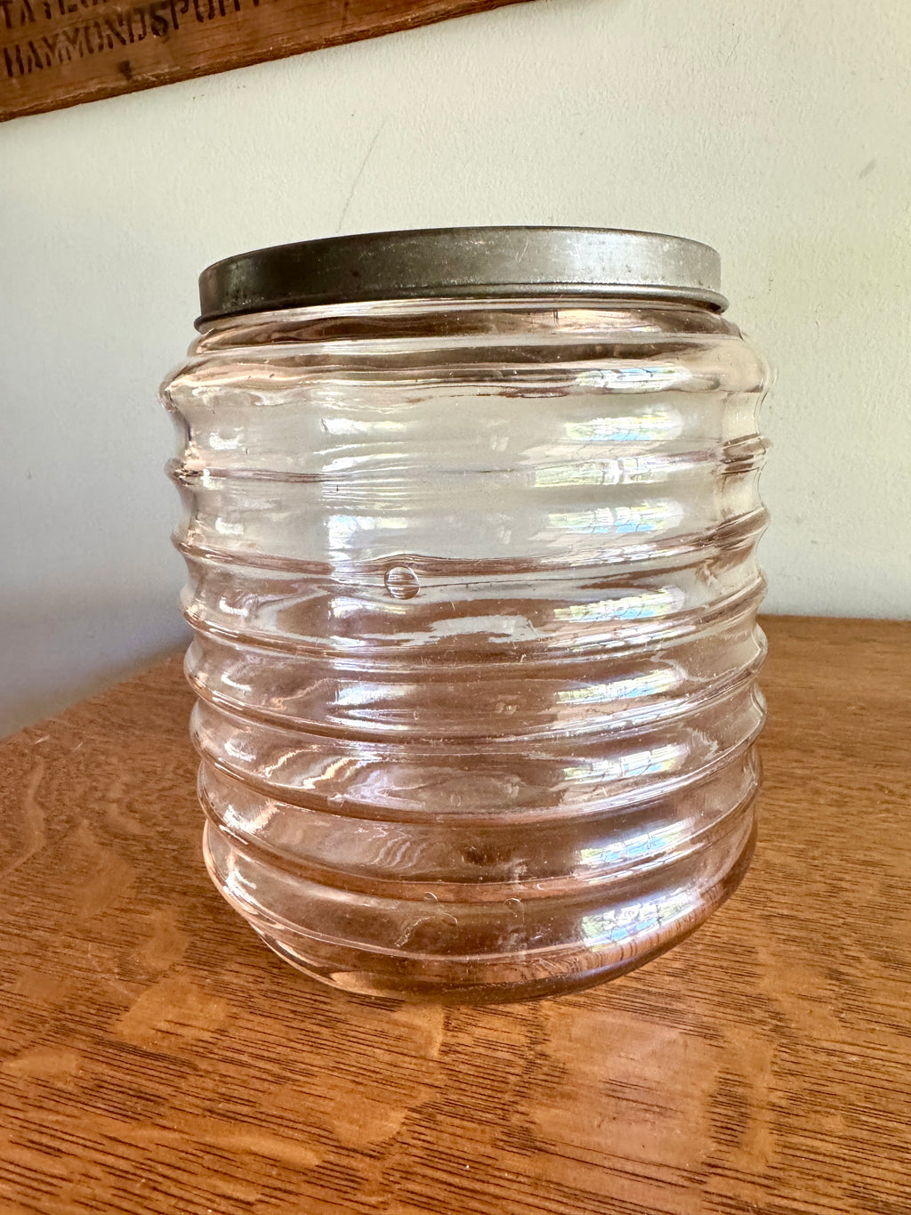 Vtg Sellers Hoosier Pink Glass Jar Ribbed/Beehive Design ~ 7.5" Tall x 7" Wide ~ Signed 20s-40's Jar