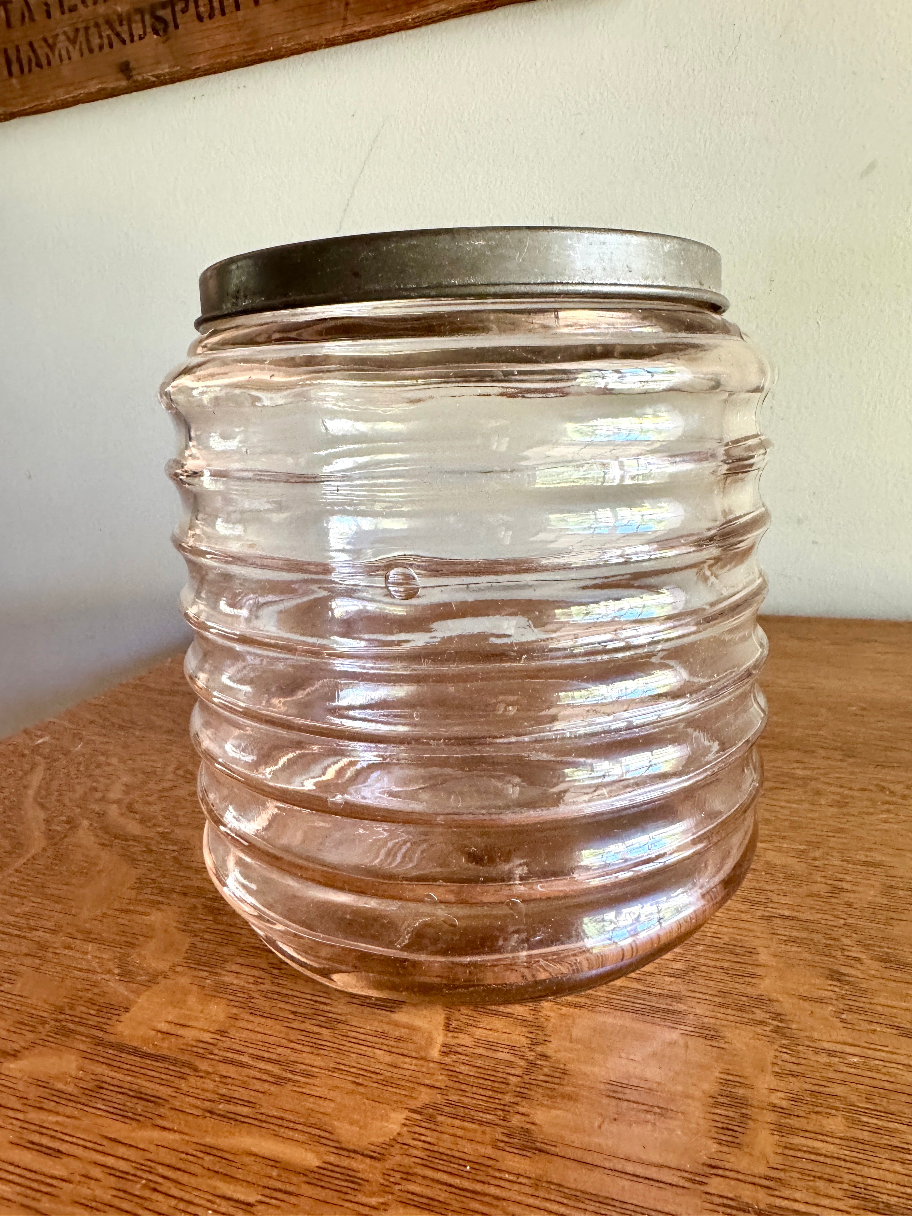 Vtg Sellers Hoosier Pink Glass Jar Ribbed/Beehive Design ~ 7.5" Tall x 7" Wide ~ Signed 20s-40's Jar