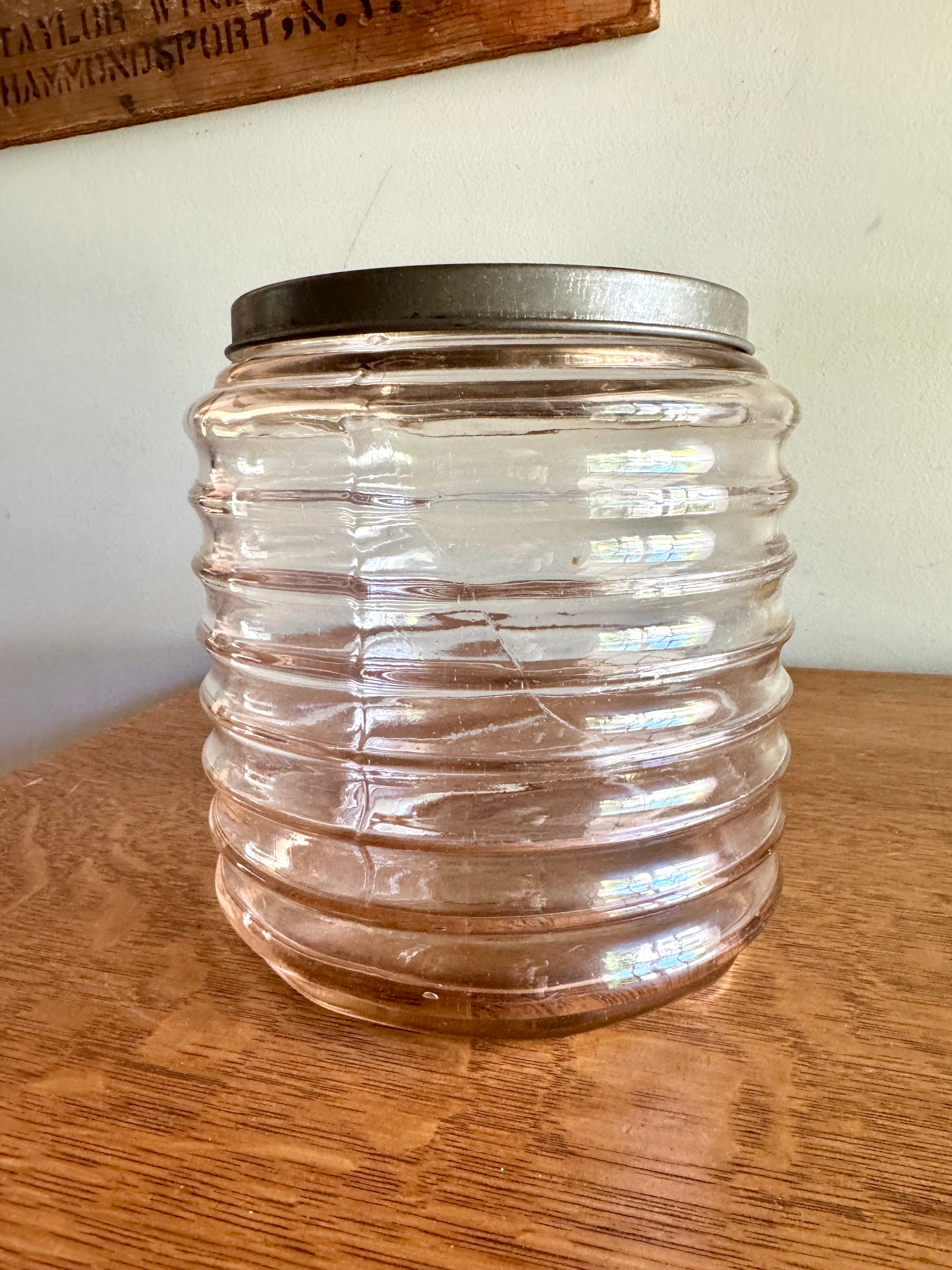 Vtg Sellers Hoosier Pink Glass Jar Ribbed/Beehive Design ~ 7.5" Tall x 7" Wide ~ Signed 20s-40's Jar