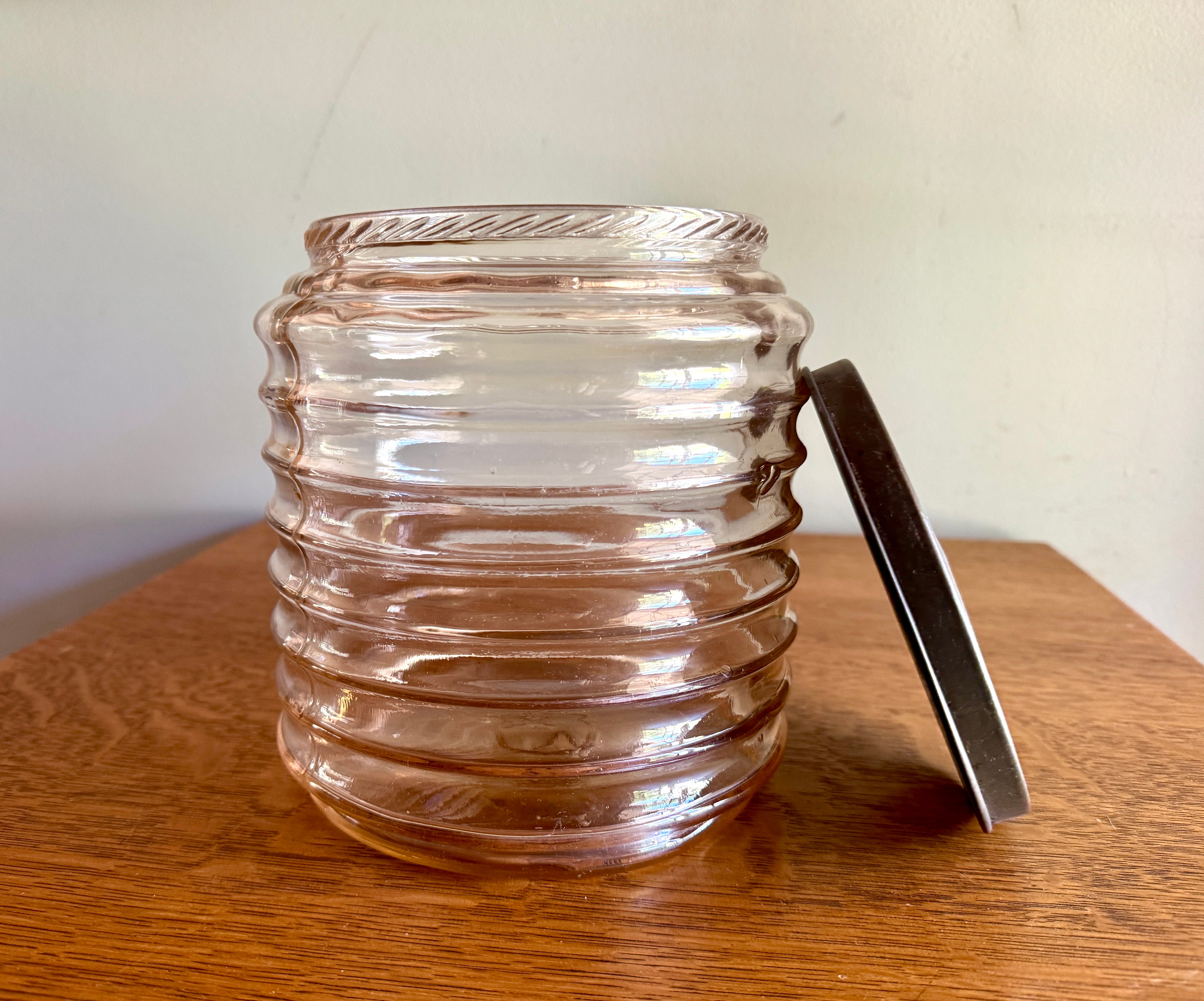 Vtg Sellers Hoosier Pink Glass Jar Ribbed/Beehive Design ~ 7.5" Tall x 7" Wide ~ Signed 20s-40's Jar