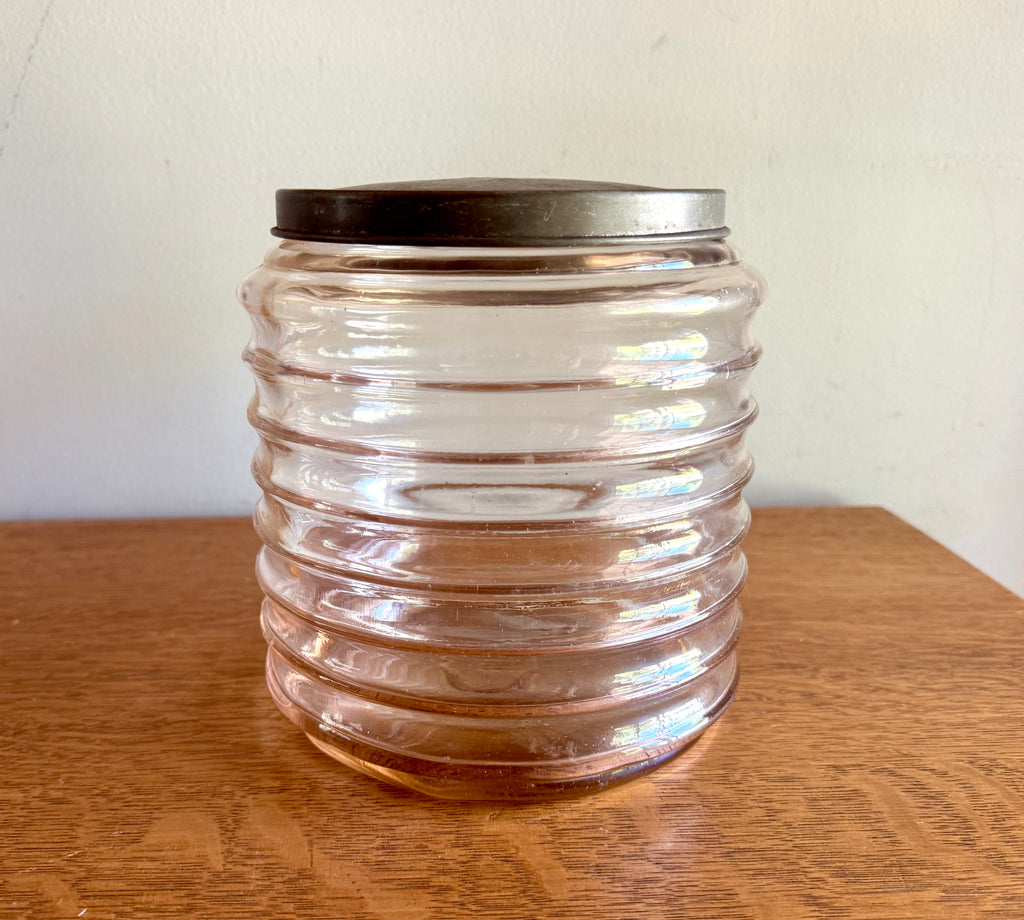 Vtg Sellers Hoosier Pink Glass Jar Ribbed/Beehive Design ~ 7.5" Tall x 7" Wide ~ Signed 20s-40's Jar