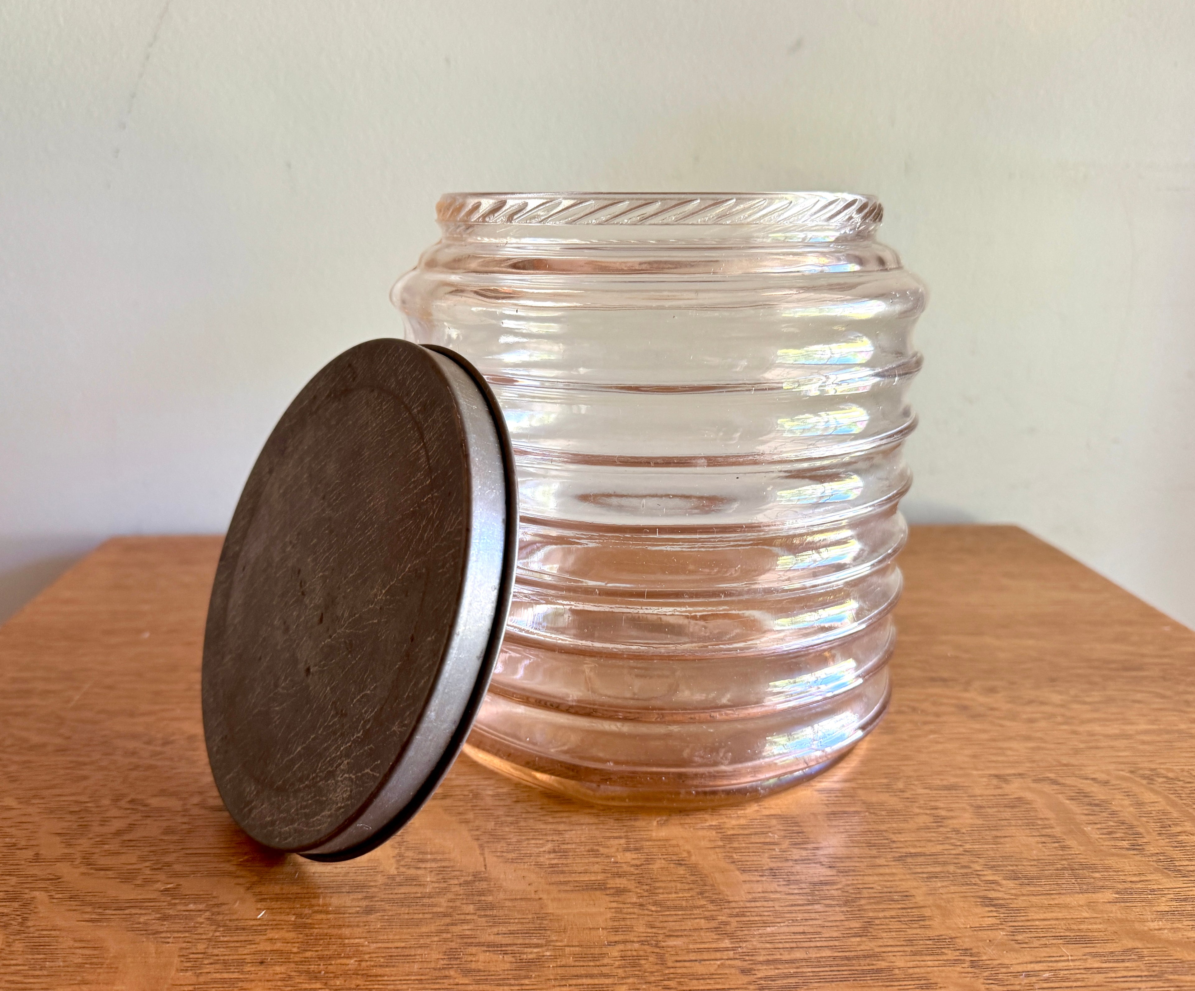 Vtg Sellers Hoosier Pink Glass Jar Ribbed/Beehive Design ~ 7.5" Tall x 7" Wide ~ Signed 20s-40's Jar