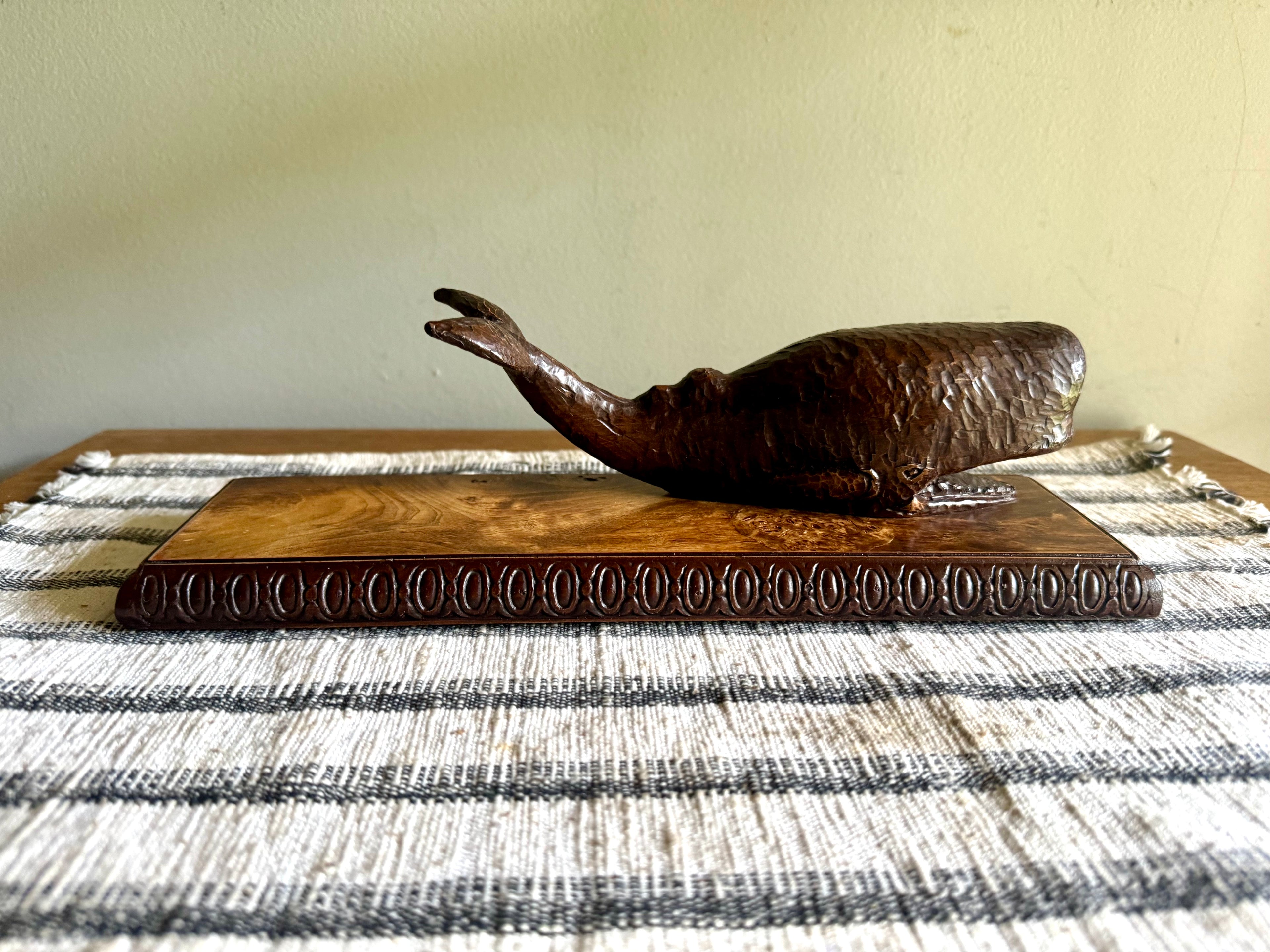 Vintage Bronze Toned Sperm Whale Desk Decor | Bronze Whale Figurine On Wood Base | Carved Whale Figurine on Bronze Wrapped Base
