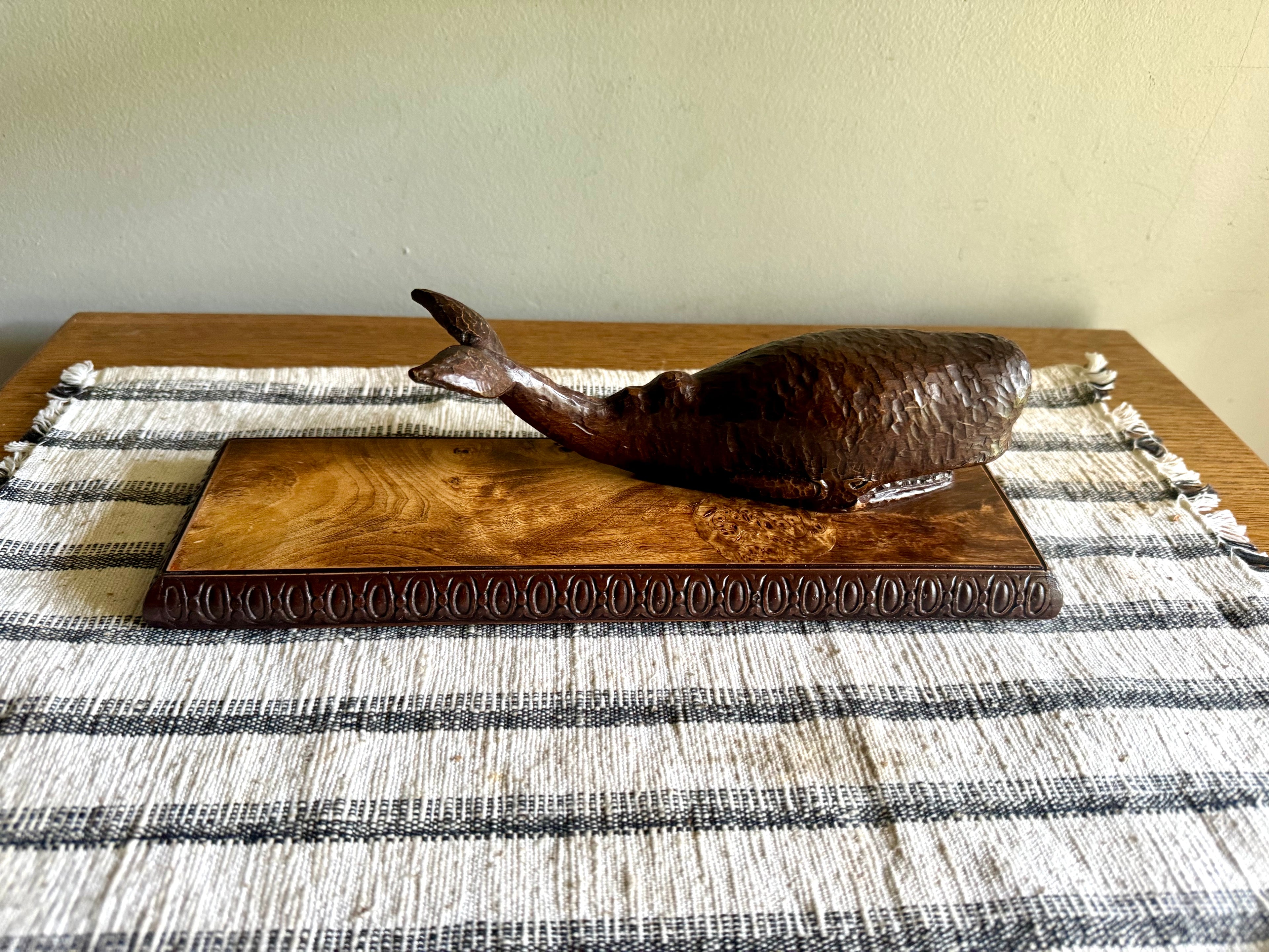 Vintage Bronze Toned Sperm Whale Desk Decor | Bronze Whale Figurine On Wood Base | Carved Whale Figurine on Bronze Wrapped Base