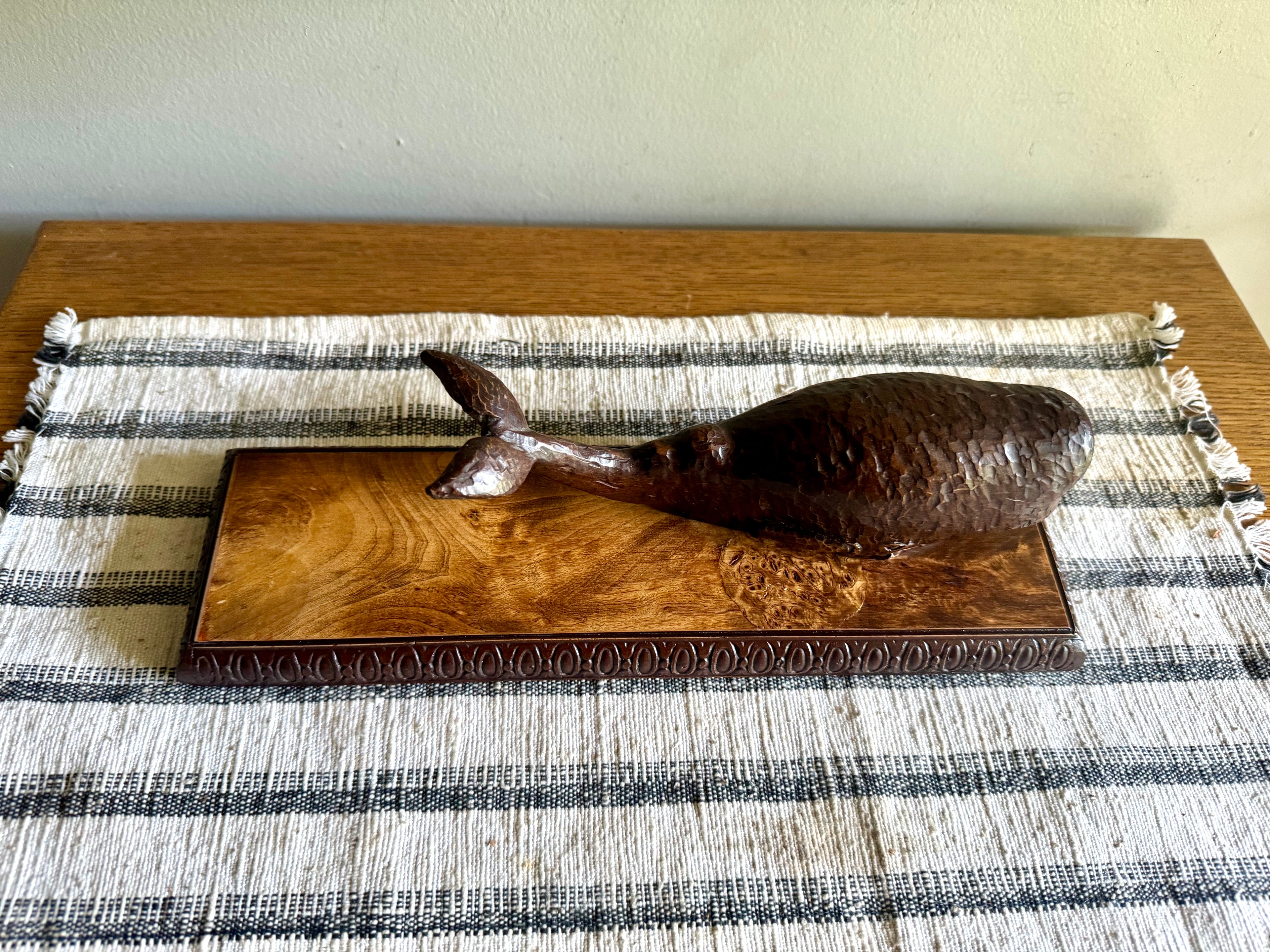 Vintage Bronze Toned Sperm Whale Desk Decor | Bronze Whale Figurine On Wood Base | Carved Whale Figurine on Bronze Wrapped Base