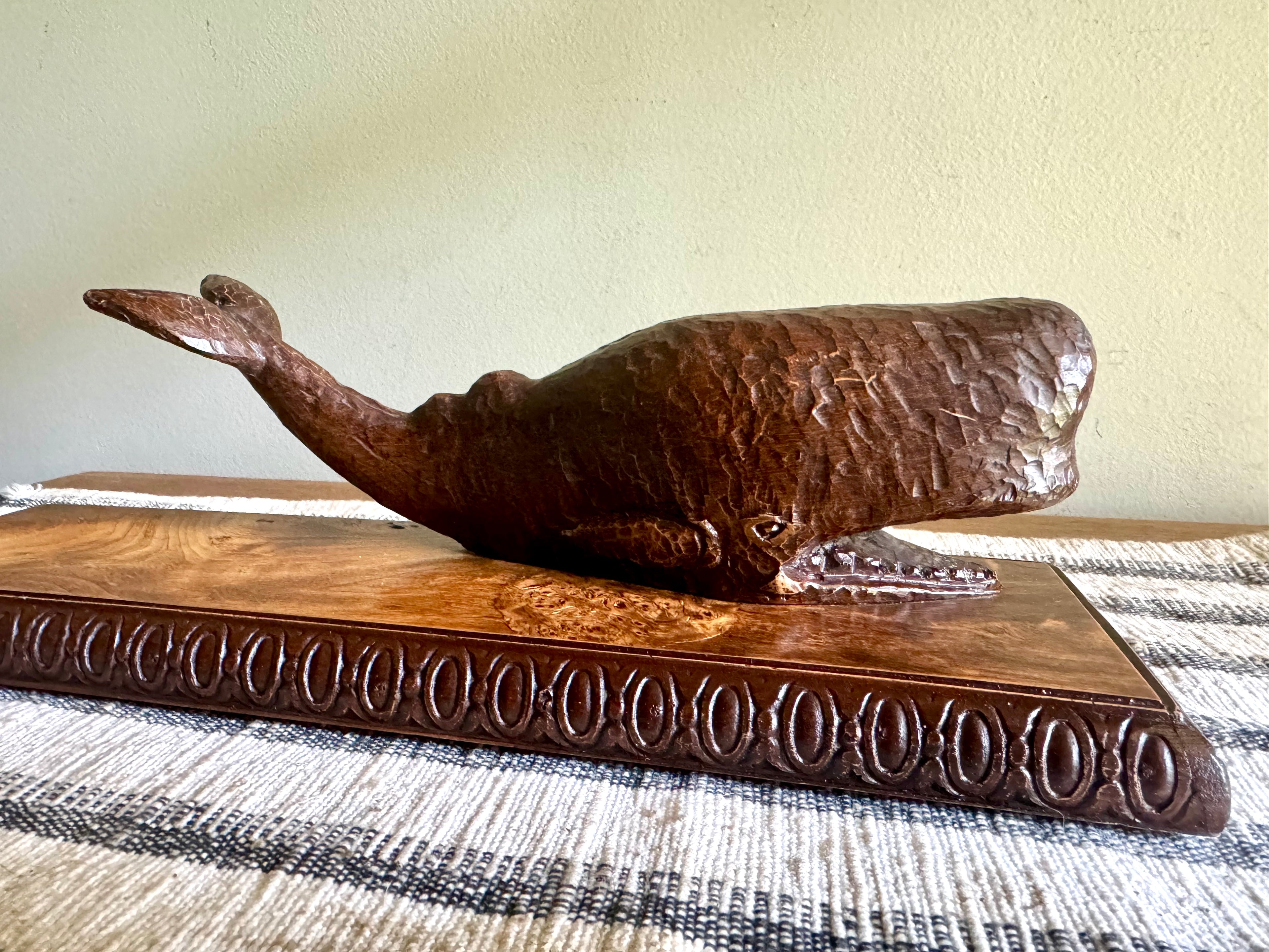 Vintage Bronze Toned Sperm Whale Desk Decor | Bronze Whale Figurine On Wood Base | Carved Whale Figurine on Bronze Wrapped Base