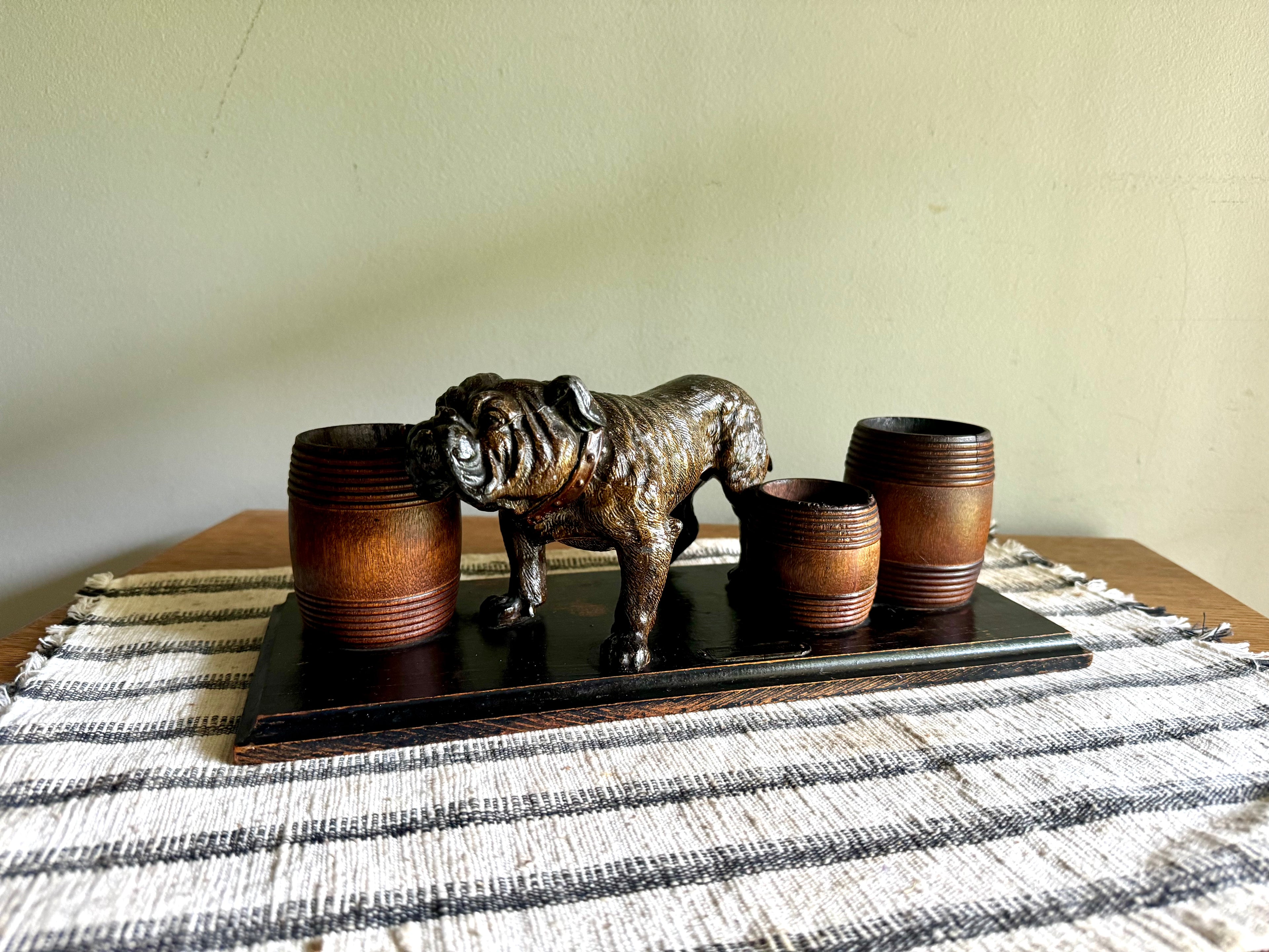 Vintage Hand Painted Bulldog Desk Organizer | Bronze Toned Bull Dog and Barrels Figurine On Wood Base | Cast Metal Bulldog Desk Organizer