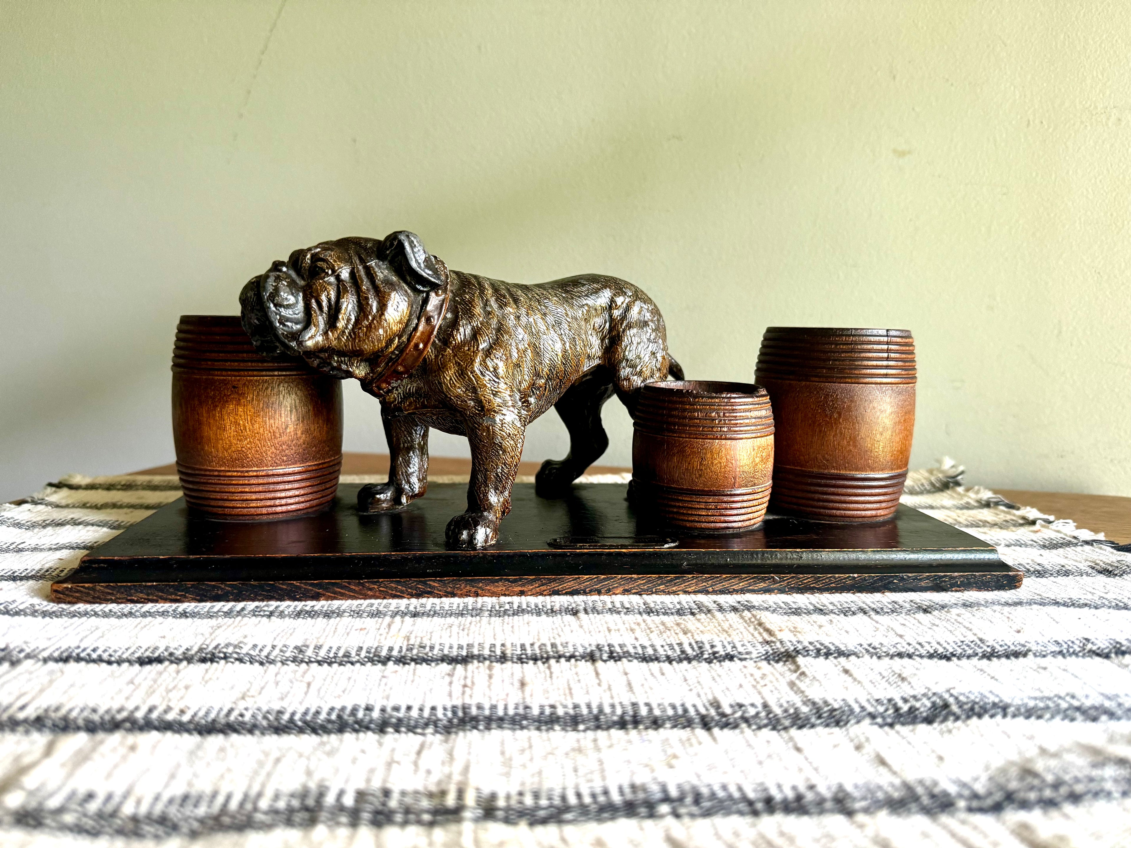 Vintage Hand Painted Bulldog Desk Organizer | Bronze Toned Bull Dog and Barrels Figurine On Wood Base | Cast Metal Bulldog Desk Organizer
