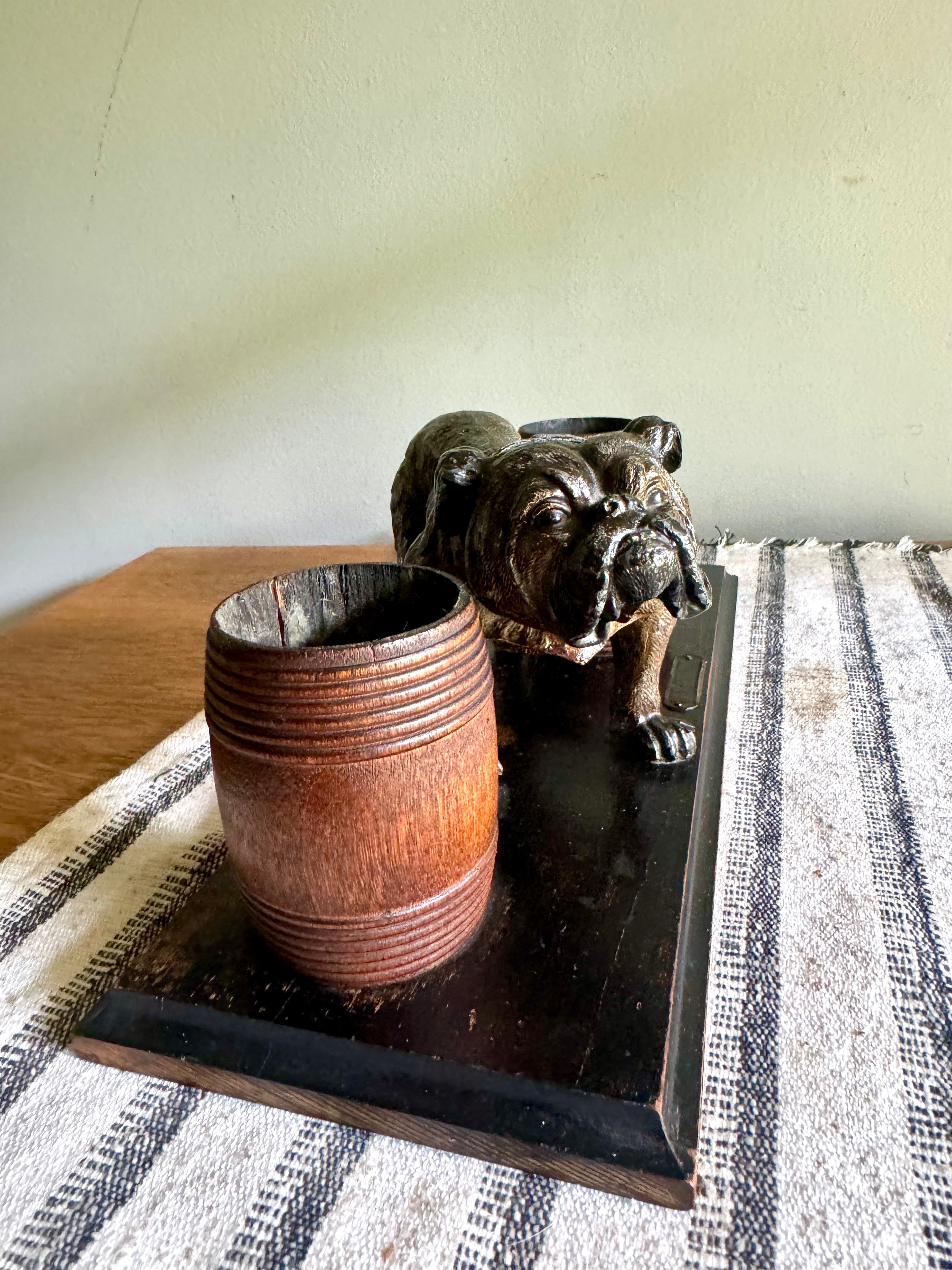 Vintage Hand Painted Bulldog Desk Organizer | Bronze Toned Bull Dog and Barrels Figurine On Wood Base | Cast Metal Bulldog Desk Organizer