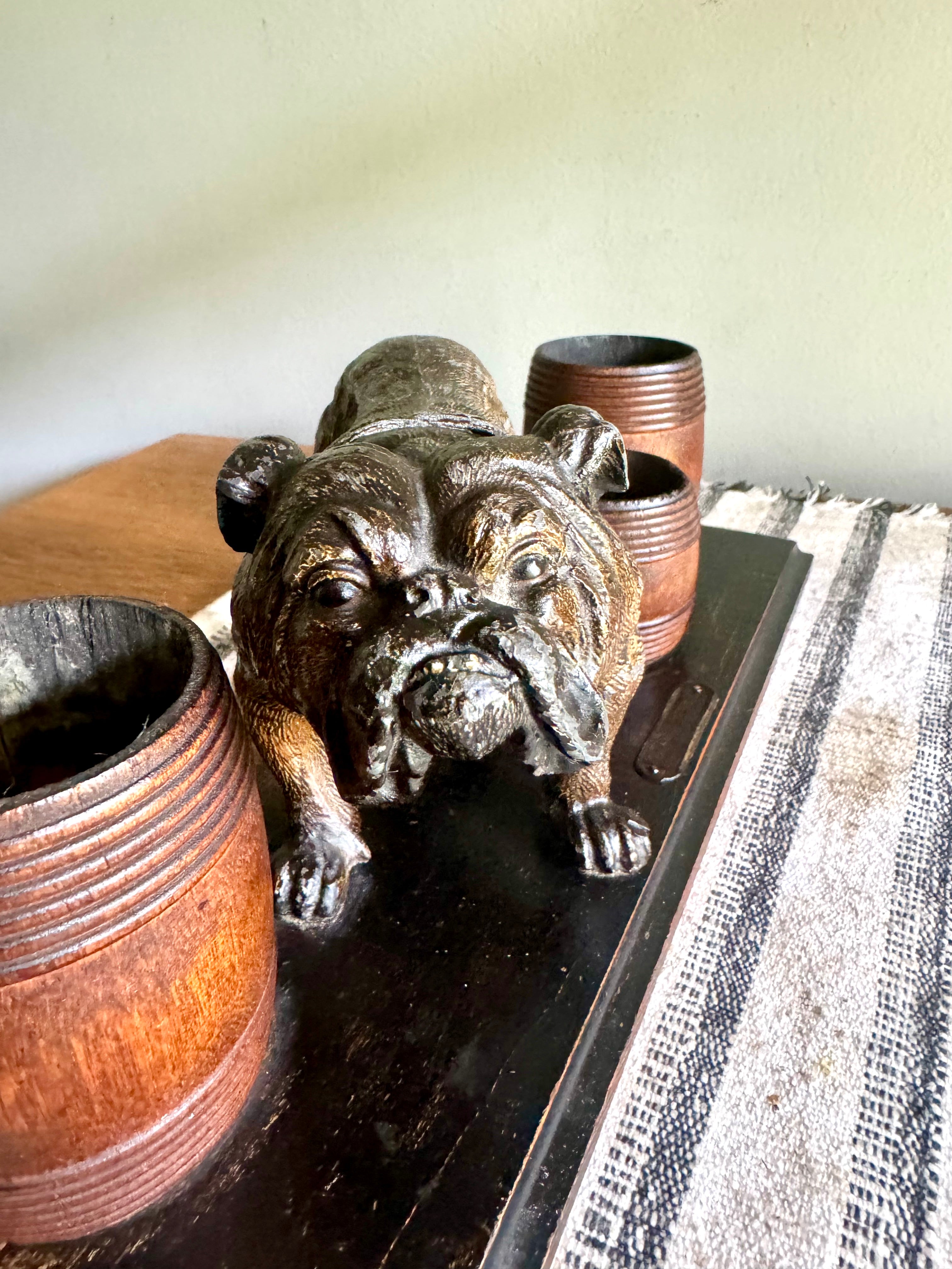 Vintage Hand Painted Bulldog Desk Organizer | Bronze Toned Bull Dog and Barrels Figurine On Wood Base | Cast Metal Bulldog Desk Organizer
