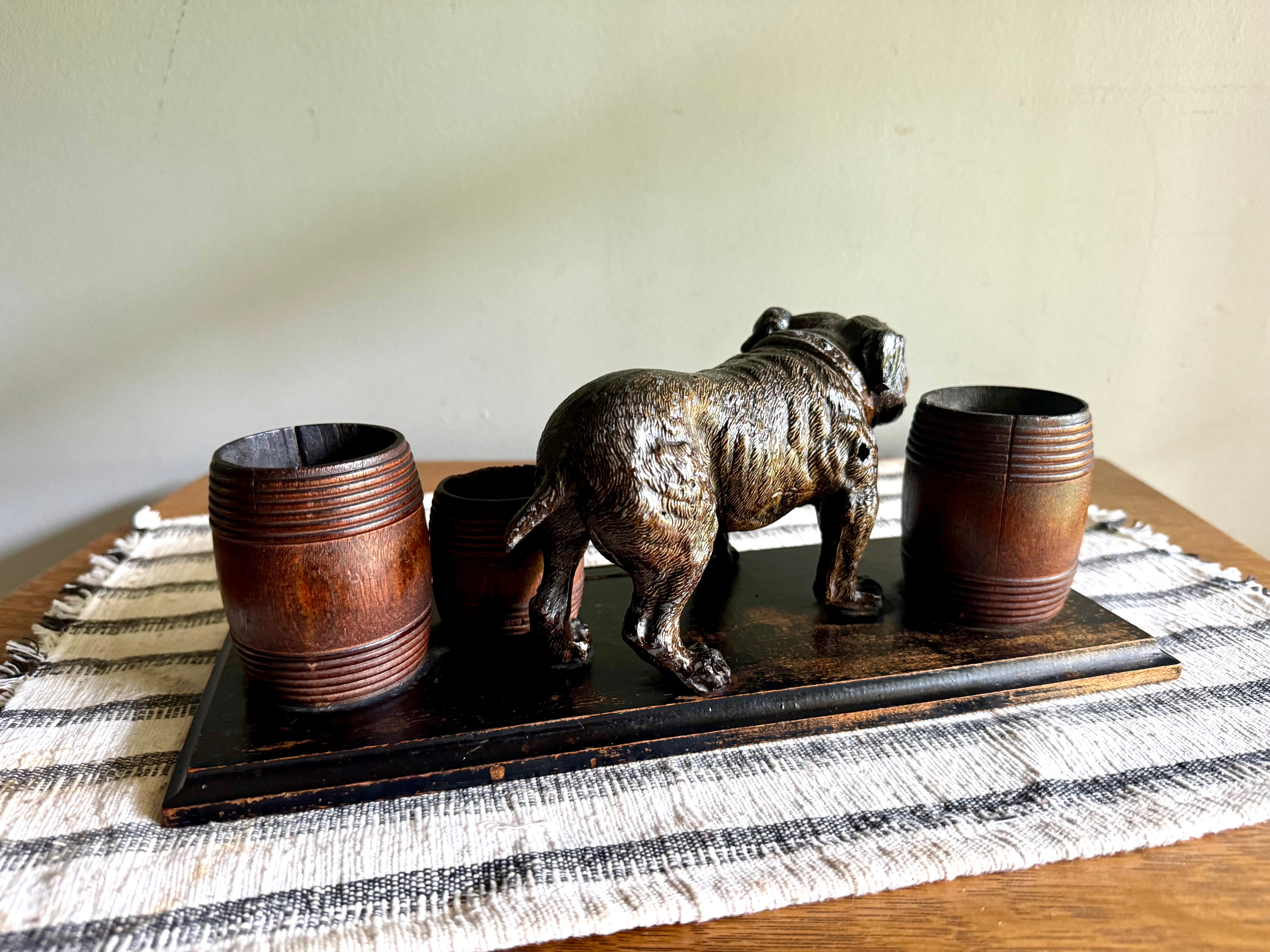 Vintage Hand Painted Bulldog Desk Organizer | Bronze Toned Bull Dog and Barrels Figurine On Wood Base | Cast Metal Bulldog Desk Organizer