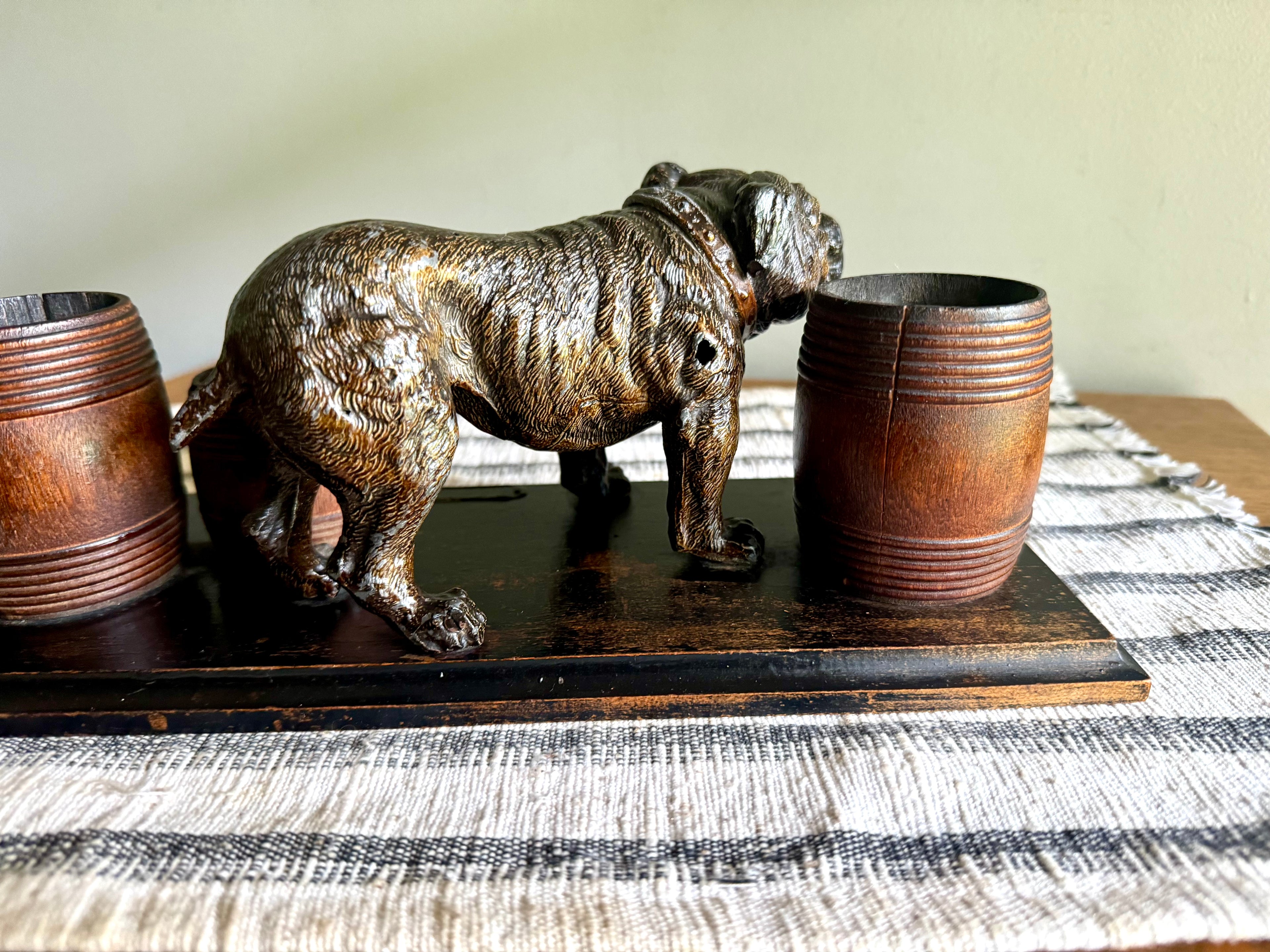 Vintage Hand Painted Bulldog Desk Organizer | Bronze Toned Bull Dog and Barrels Figurine On Wood Base | Cast Metal Bulldog Desk Organizer