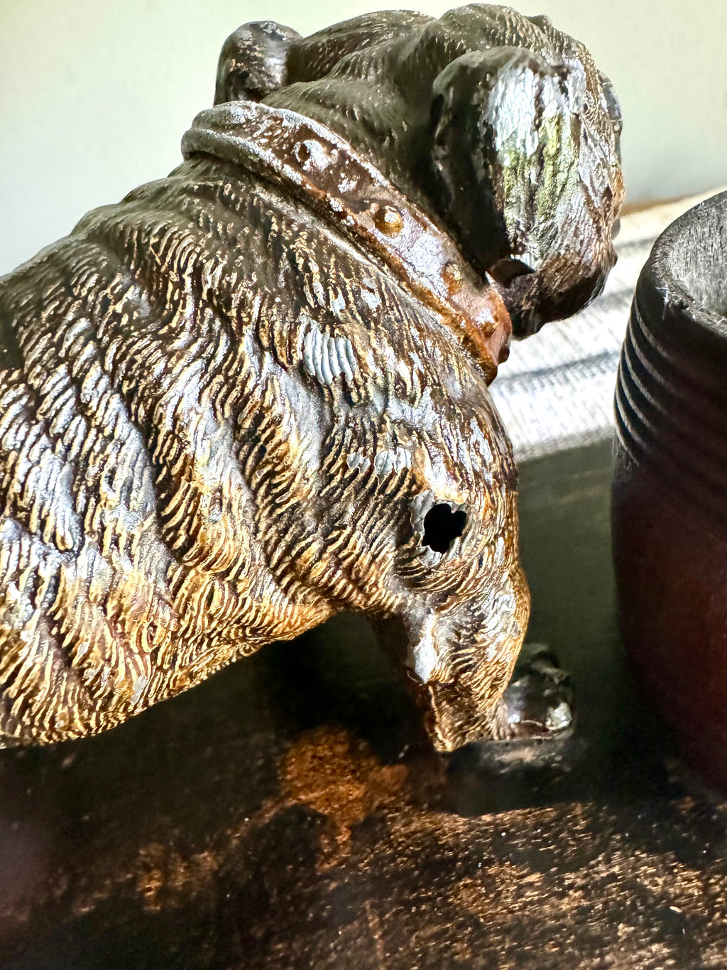 Vintage Hand Painted Bulldog Desk Organizer | Bronze Toned Bull Dog and Barrels Figurine On Wood Base | Cast Metal Bulldog Desk Organizer