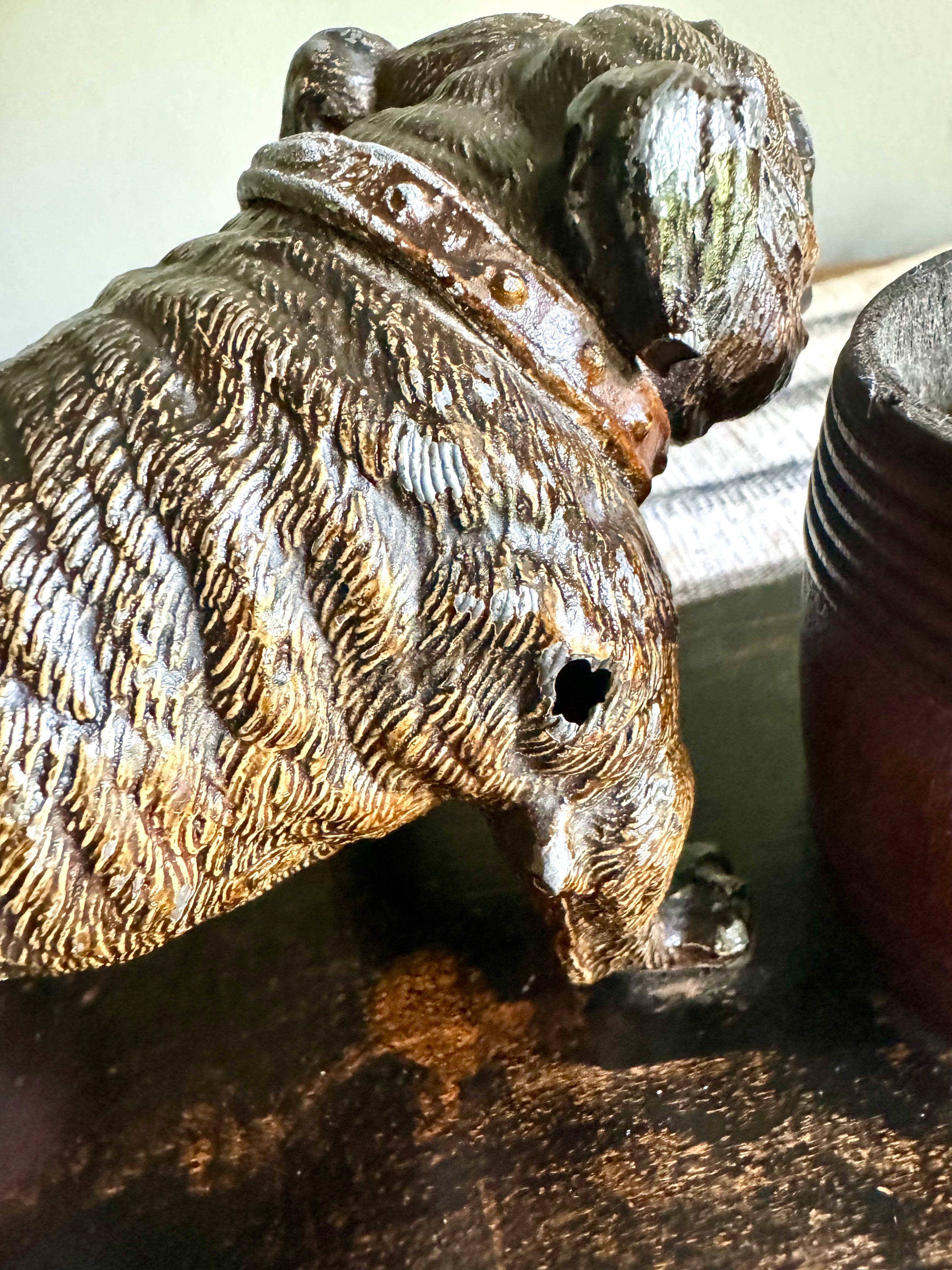 Vintage Hand Painted Bulldog Desk Organizer | Bronze Toned Bull Dog and Barrels Figurine On Wood Base | Cast Metal Bulldog Desk Organizer