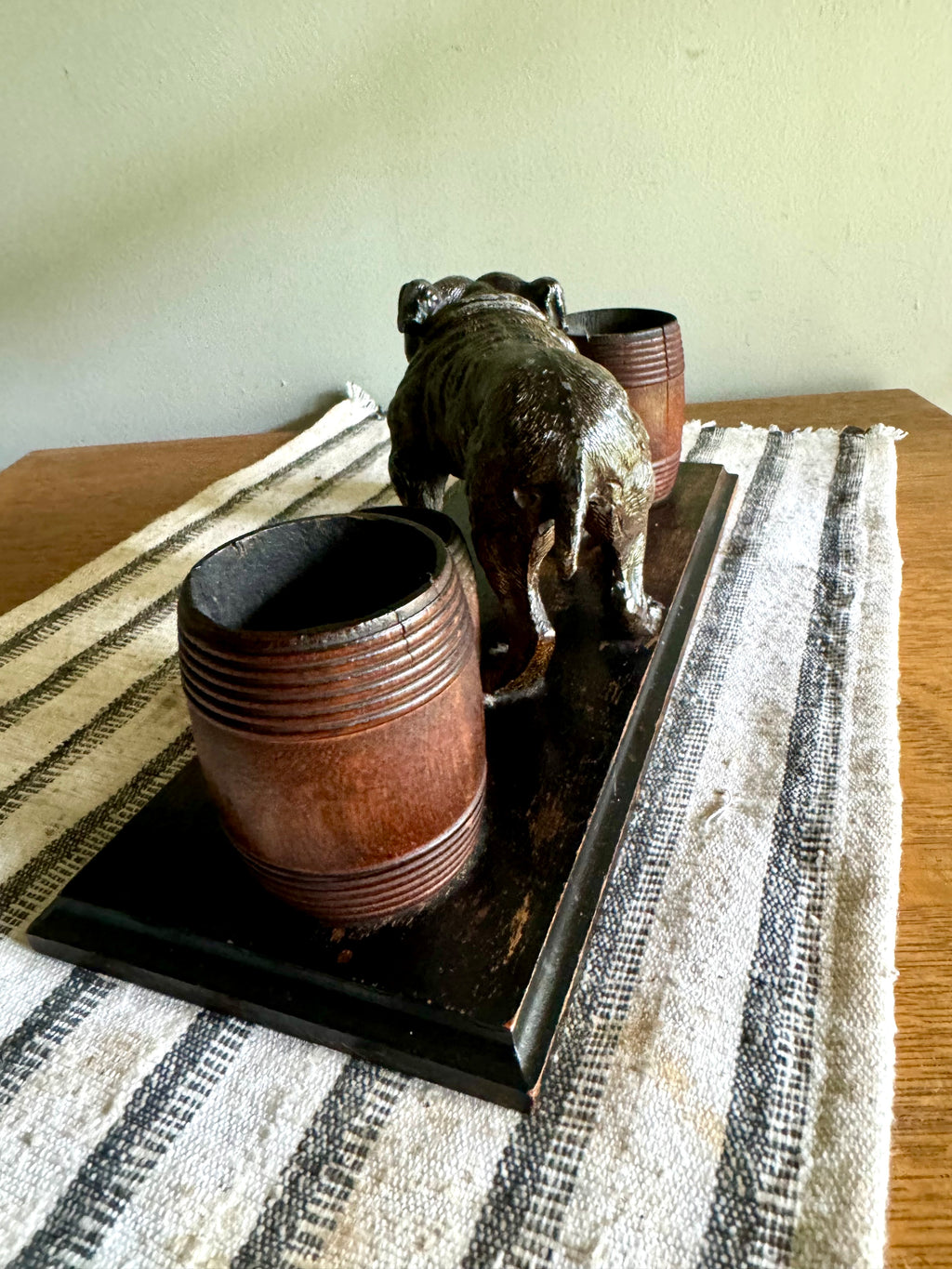 Vintage Hand Painted Bulldog Desk Organizer | Bronze Toned Bull Dog and Barrels Figurine On Wood Base | Cast Metal Bulldog Desk Organizer