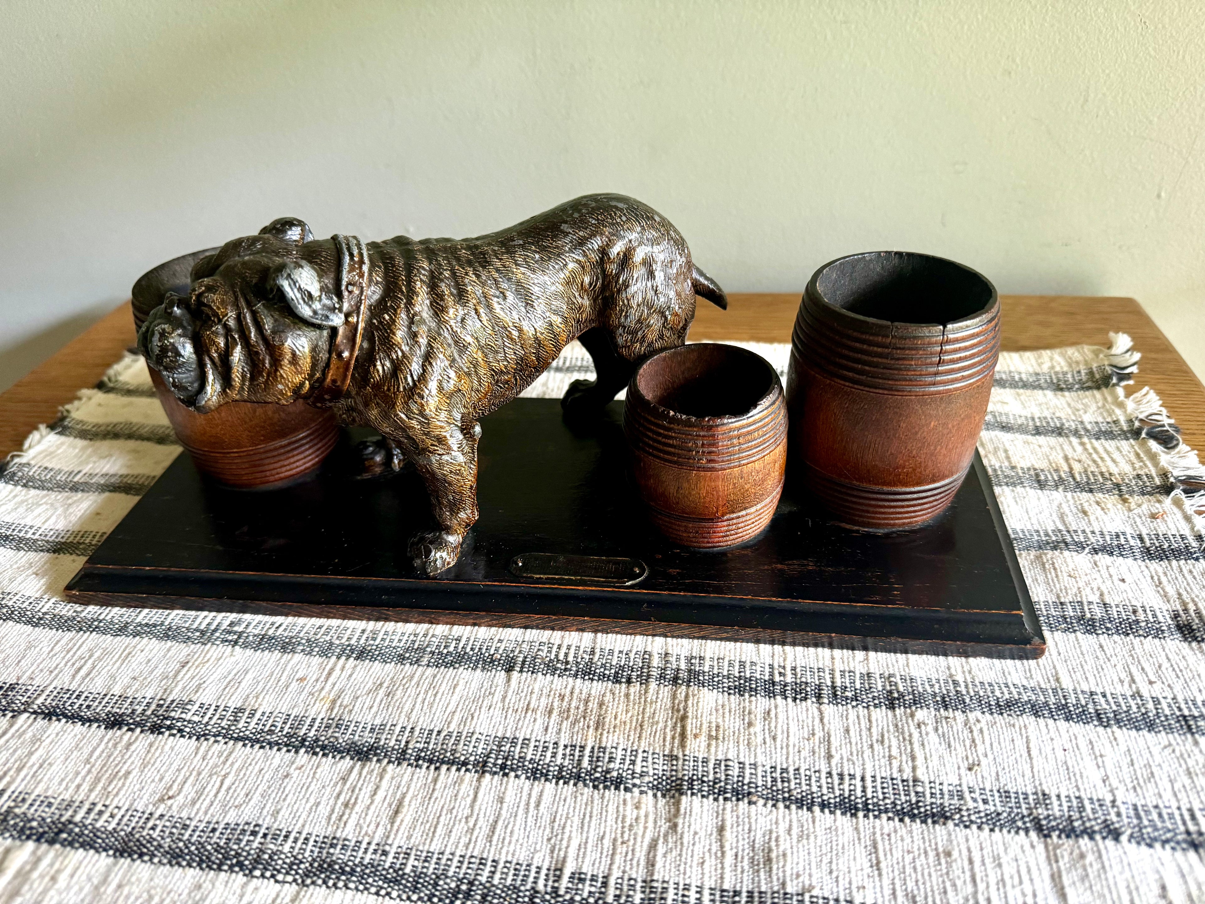 Vintage Hand Painted Bulldog Desk Organizer | Bronze Toned Bull Dog and Barrels Figurine On Wood Base | Cast Metal Bulldog Desk Organizer