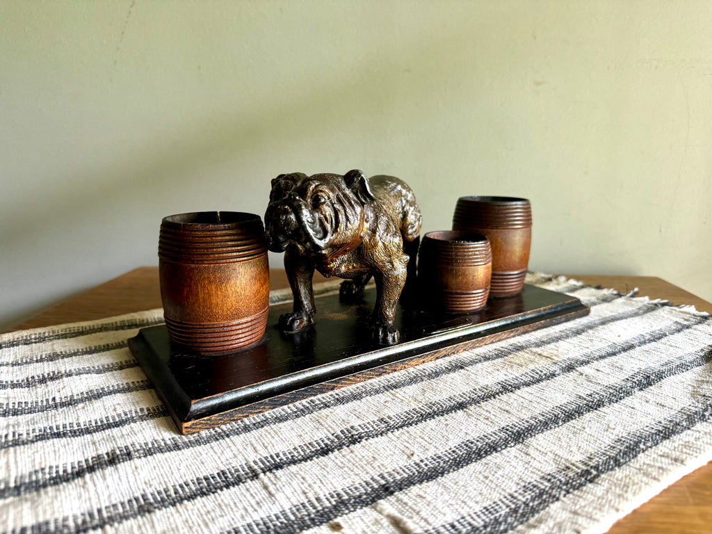 Vintage Hand Painted Bulldog Desk Organizer | Bronze Toned Bull Dog and Barrels Figurine On Wood Base | Cast Metal Bulldog Desk Organizer