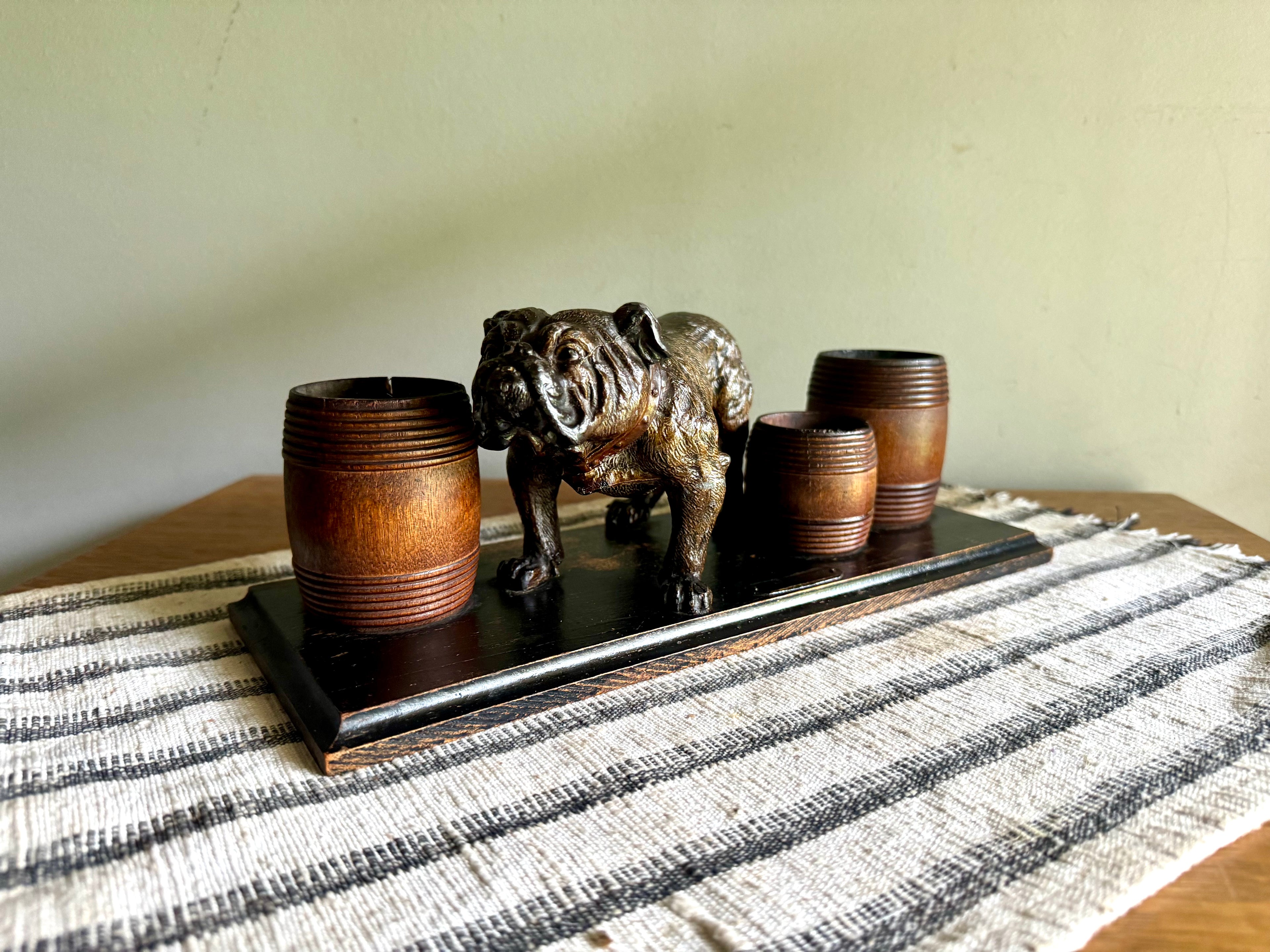 Vintage Hand Painted Bulldog Desk Organizer | Bronze Toned Bull Dog and Barrels Figurine On Wood Base | Cast Metal Bulldog Desk Organizer