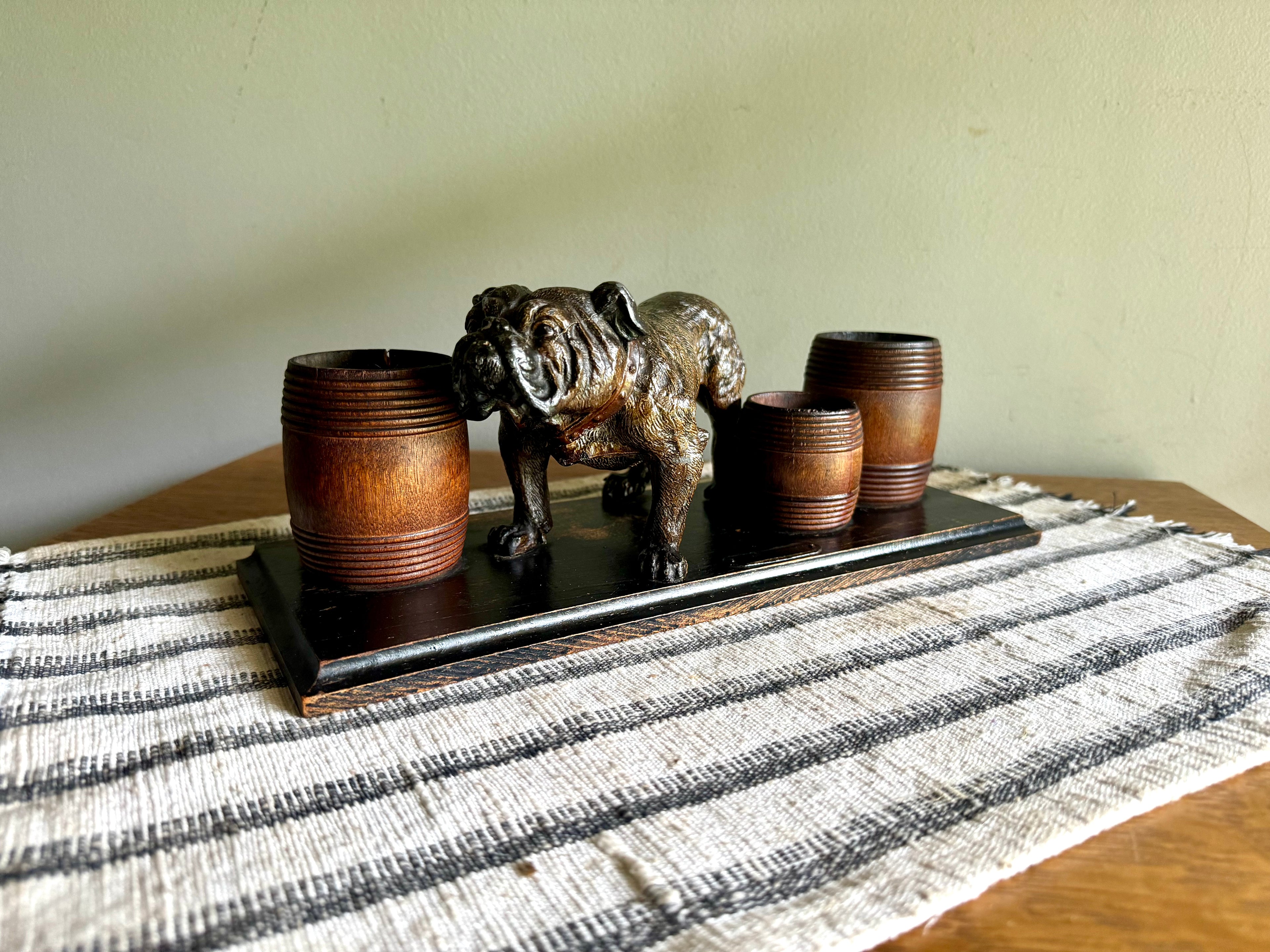 Vintage Hand Painted Bulldog Desk Organizer | Bronze Toned Bull Dog and Barrels Figurine On Wood Base | Cast Metal Bulldog Desk Organizer