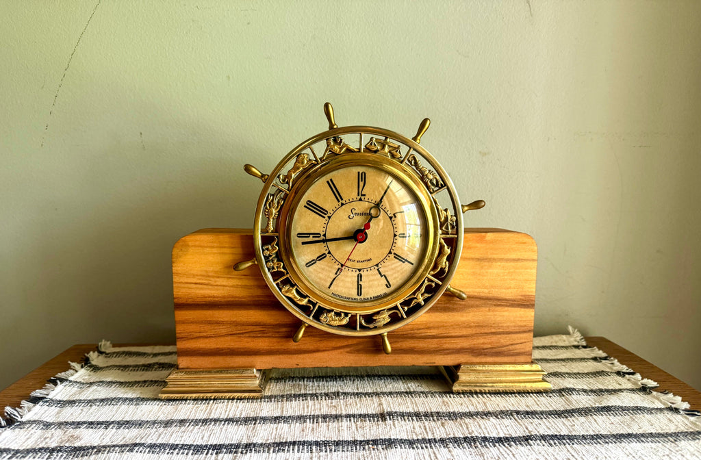 Vintage Nautical Zodiac Electric Clock | Master Crafters "Rudder" Electric Clock | Ship's Wheel Clock | Sessions MCM Nautical Zodiac Clock