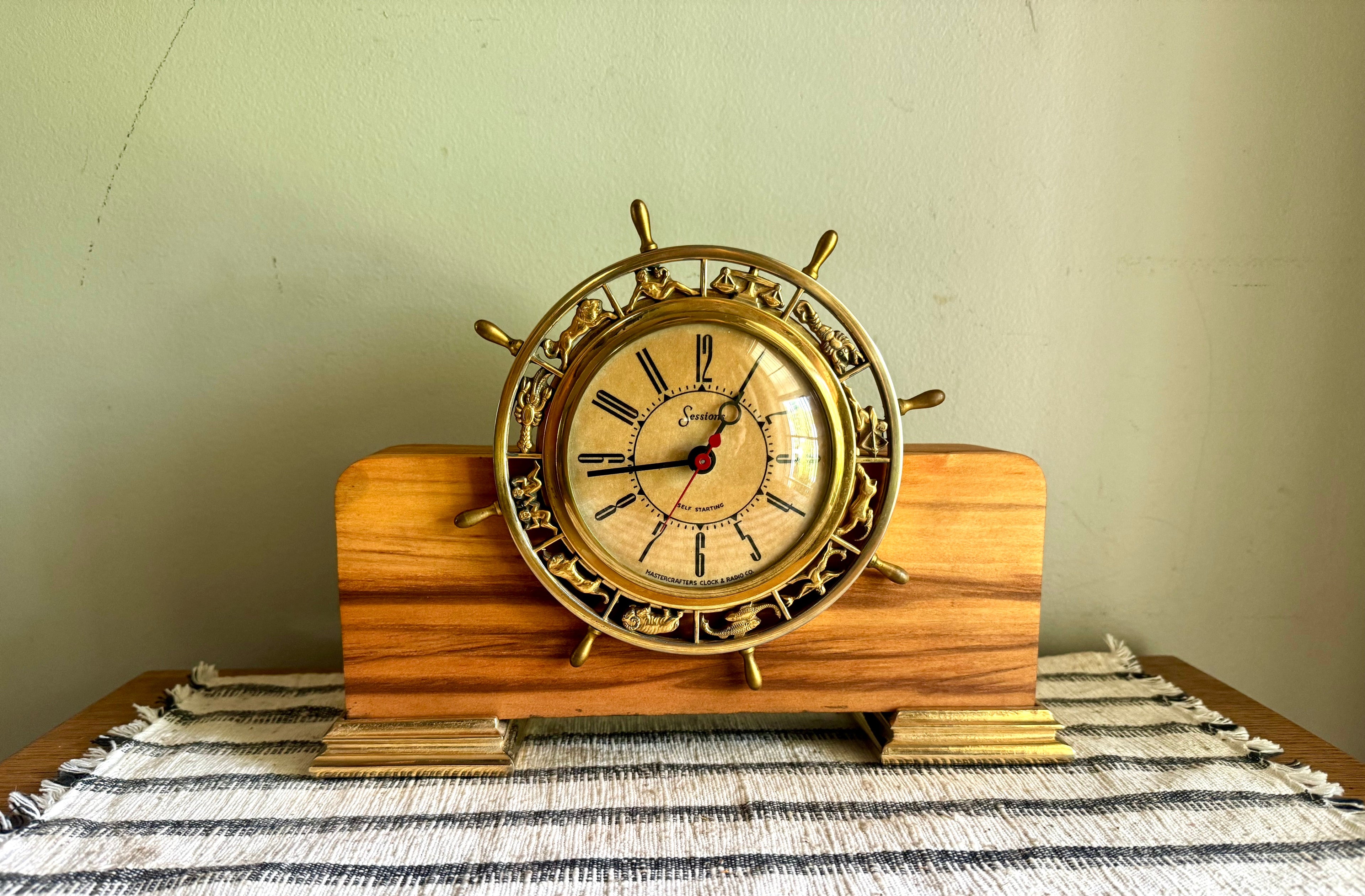 Vintage Nautical Zodiac Electric Clock | Master Crafters "Rudder" Electric Clock | Ship's Wheel Clock | Sessions MCM Nautical Zodiac Clock