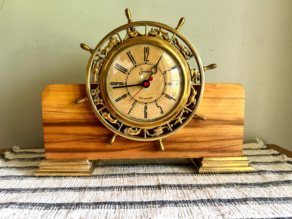 Vintage Nautical Zodiac Electric Clock | Master Crafters "Rudder" Electric Clock | Ship's Wheel Clock | Sessions MCM Nautical Zodiac Clock
