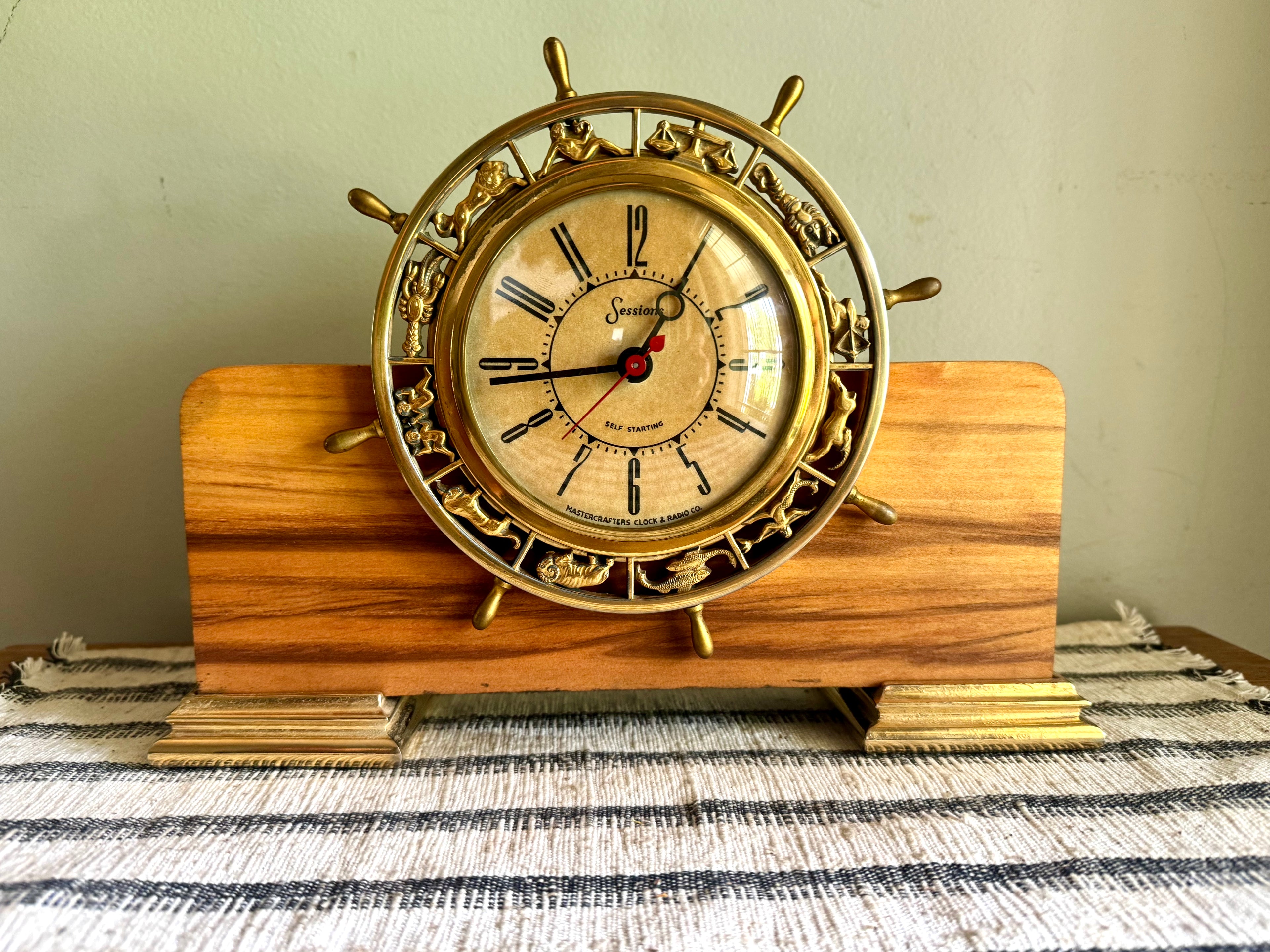 Vintage Nautical Zodiac Electric Clock | Master Crafters "Rudder" Electric Clock | Ship's Wheel Clock | Sessions MCM Nautical Zodiac Clock