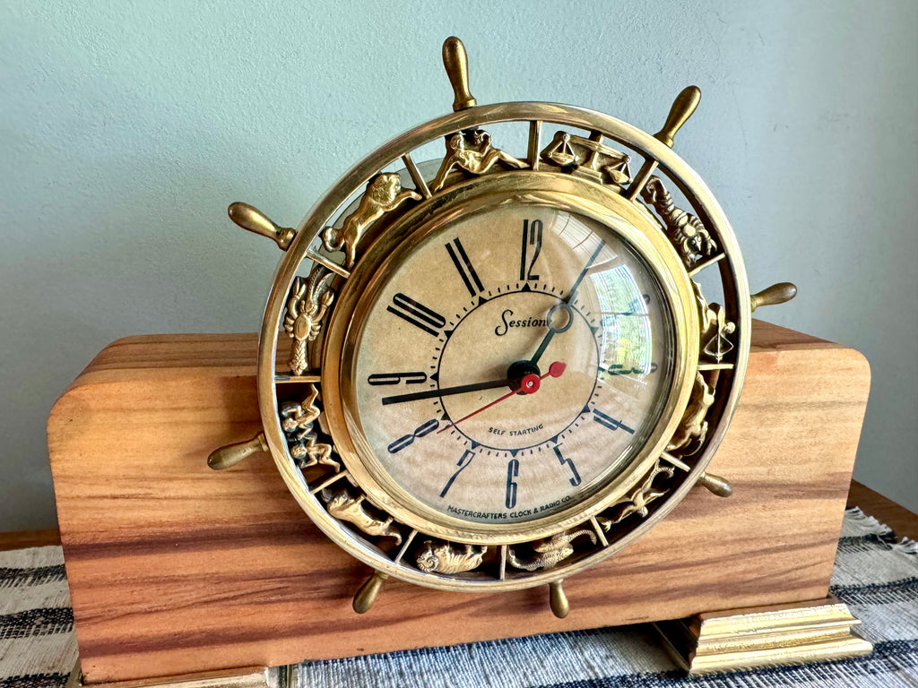 Vintage Nautical Zodiac Electric Clock | Master Crafters "Rudder" Electric Clock | Ship's Wheel Clock | Sessions MCM Nautical Zodiac Clock