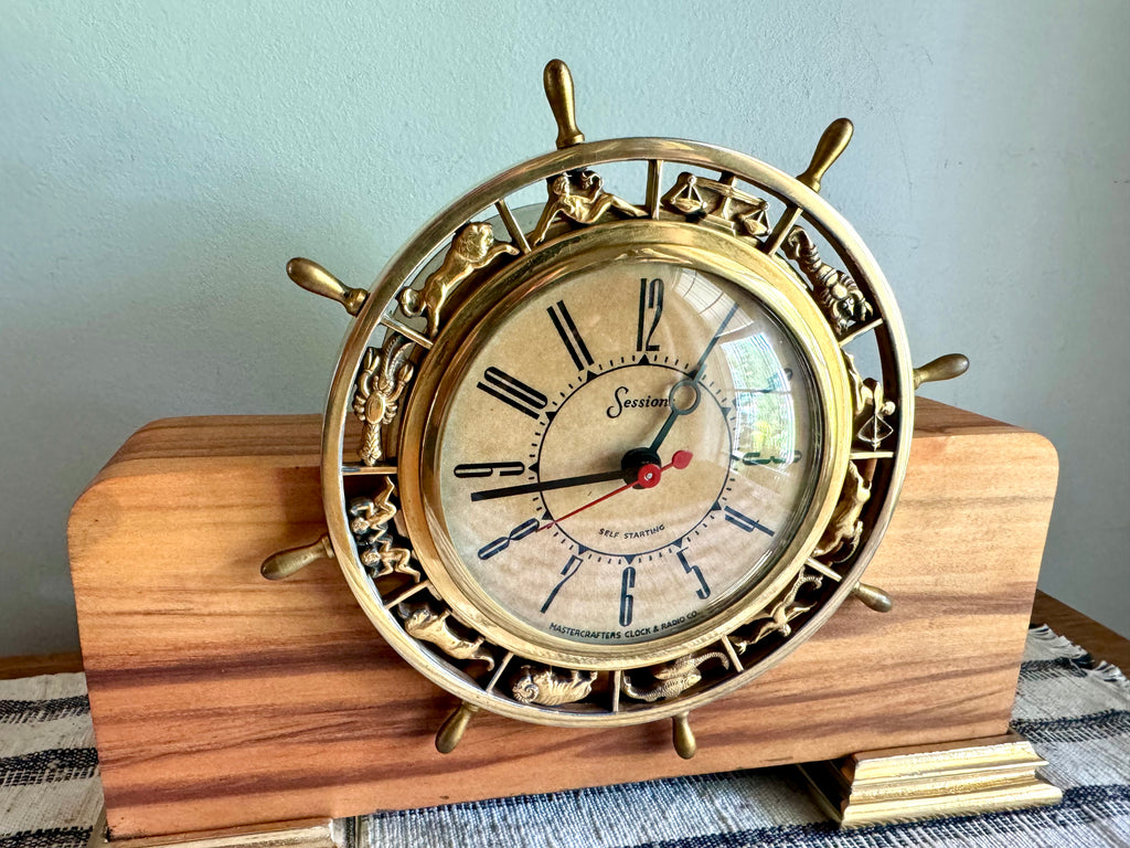 Vintage Nautical Zodiac Electric Clock | Master Crafters "Rudder" Electric Clock | Ship's Wheel Clock | Sessions MCM Nautical Zodiac Clock