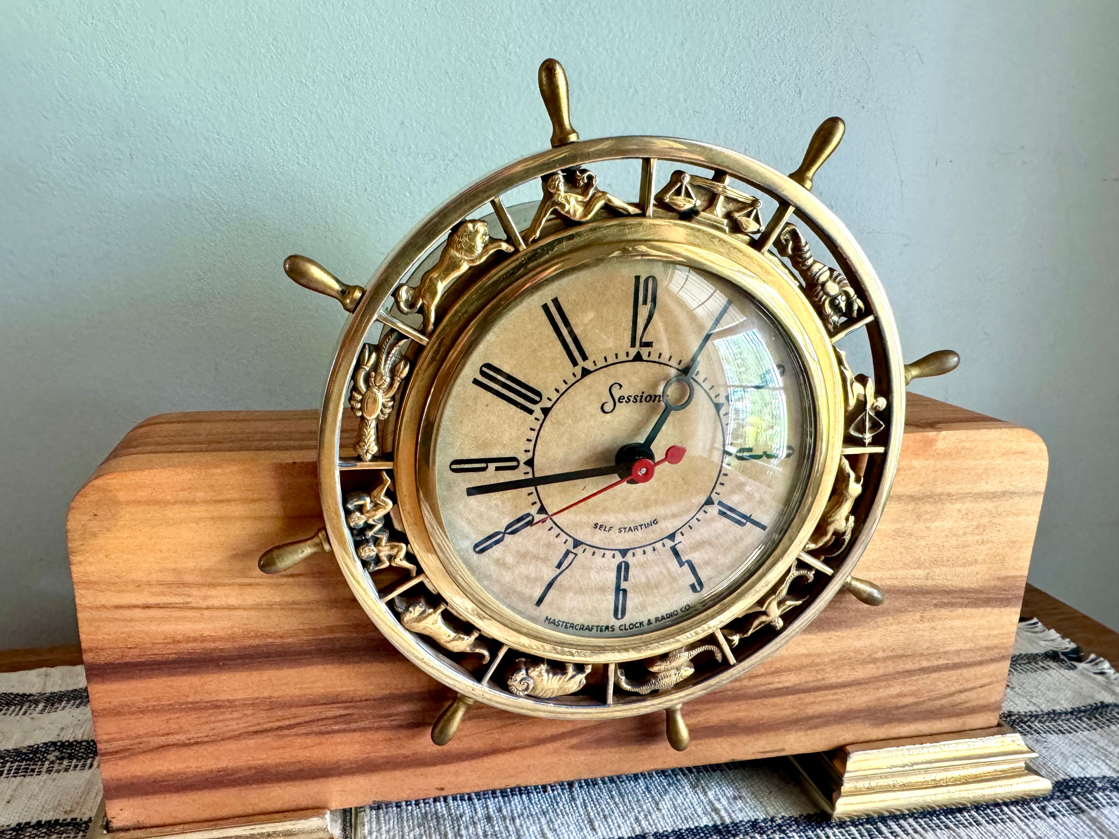 Vintage Nautical Zodiac Electric Clock | Master Crafters "Rudder" Electric Clock | Ship's Wheel Clock | Sessions MCM Nautical Zodiac Clock