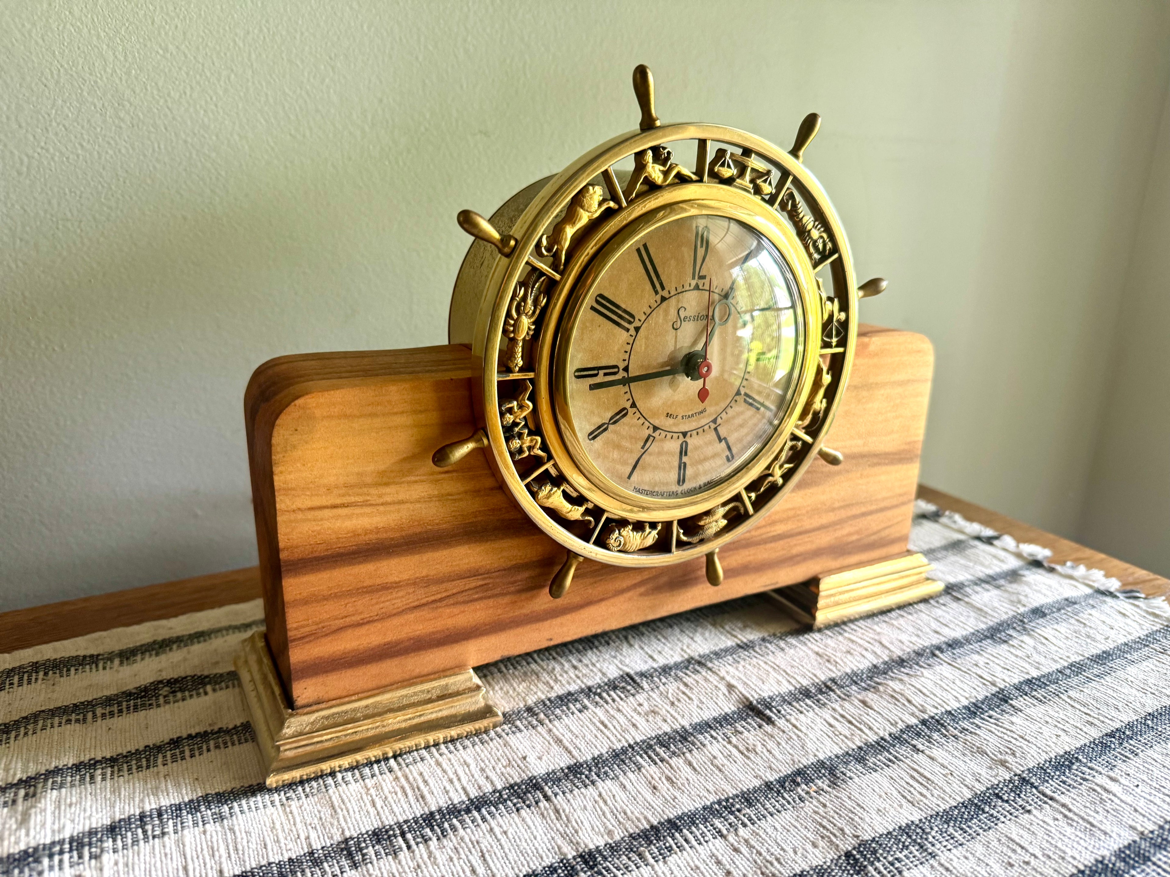 Vintage Nautical Zodiac Electric Clock | Master Crafters "Rudder" Electric Clock | Ship's Wheel Clock | Sessions MCM Nautical Zodiac Clock